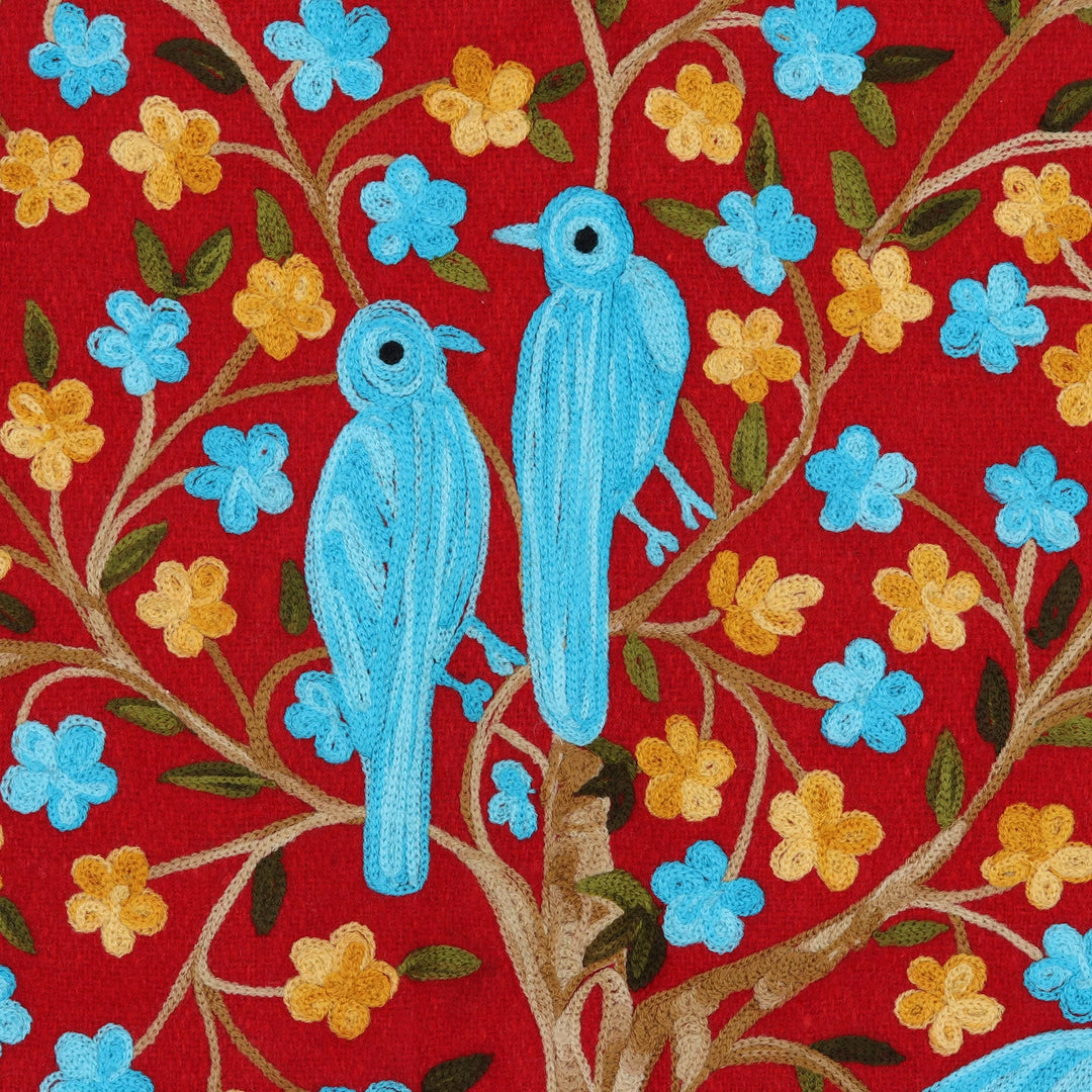 Bird-Themed Wool Chain Stitch Tapestry from India - Abode of Birds II