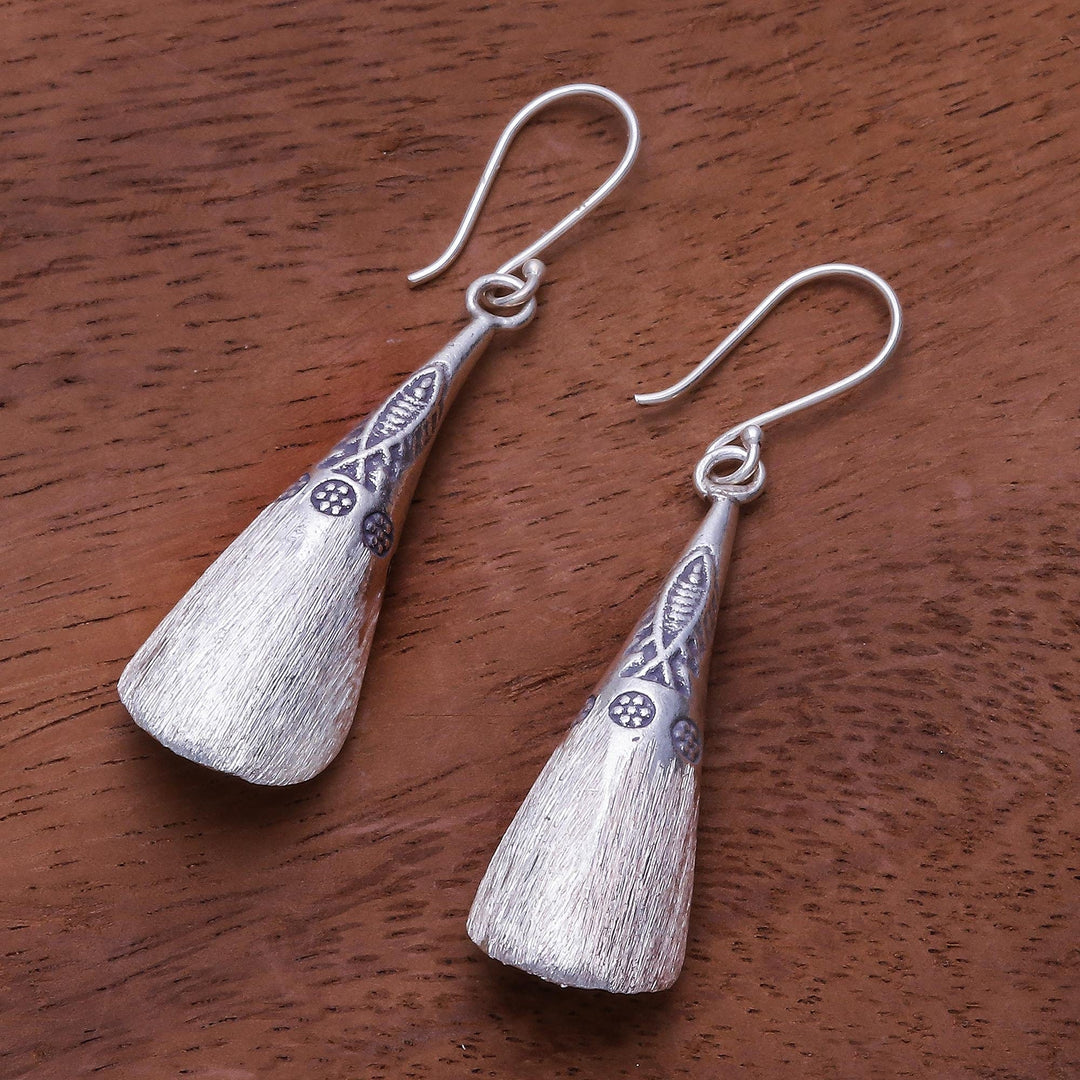 Fish Pattern Karen Silver Dangle Earrings from Thailand - Fish Stamp