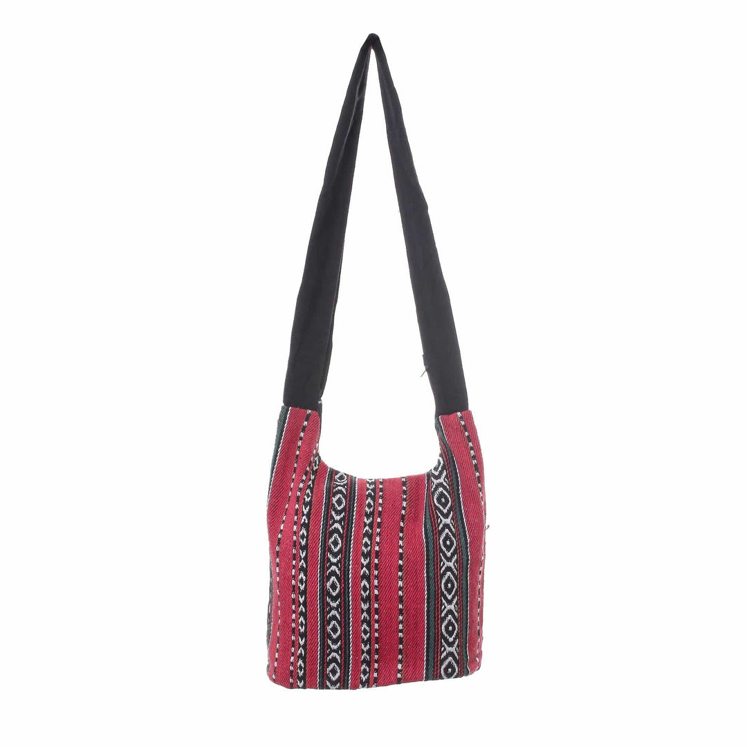 Red Black and White Handwoven Cotton Blend Shoulder Bag - Woven Cheer