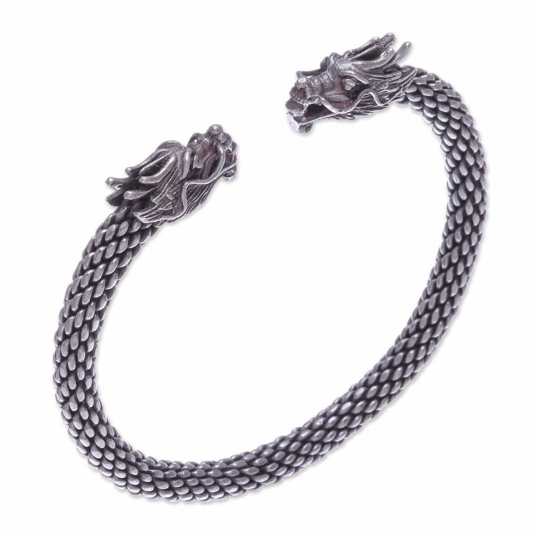 Dragon Themed Unisex Sterling Silver Cuff Bracelet - Double Dragons