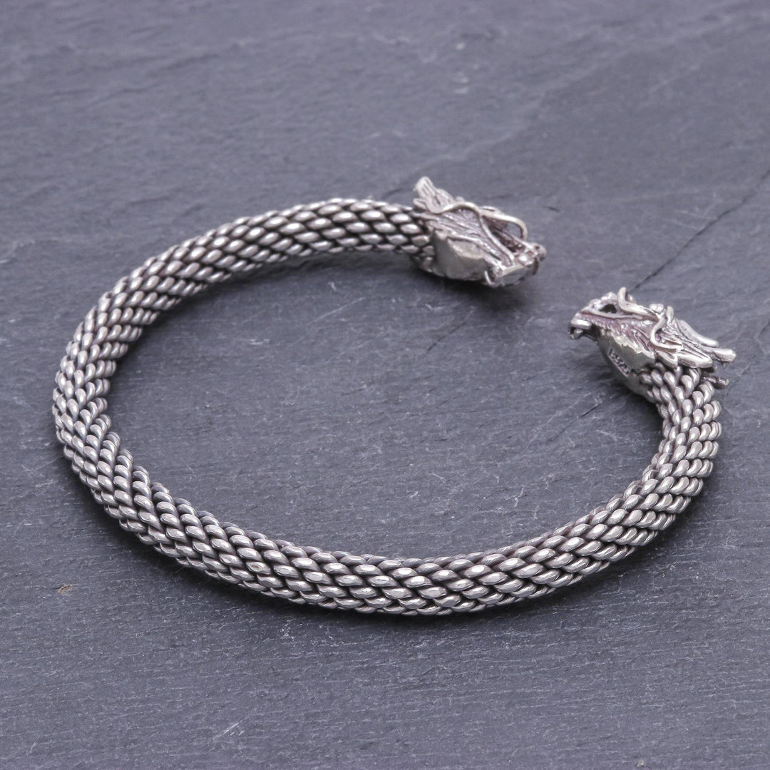 Dragon Themed Unisex Sterling Silver Cuff Bracelet - Double Dragons