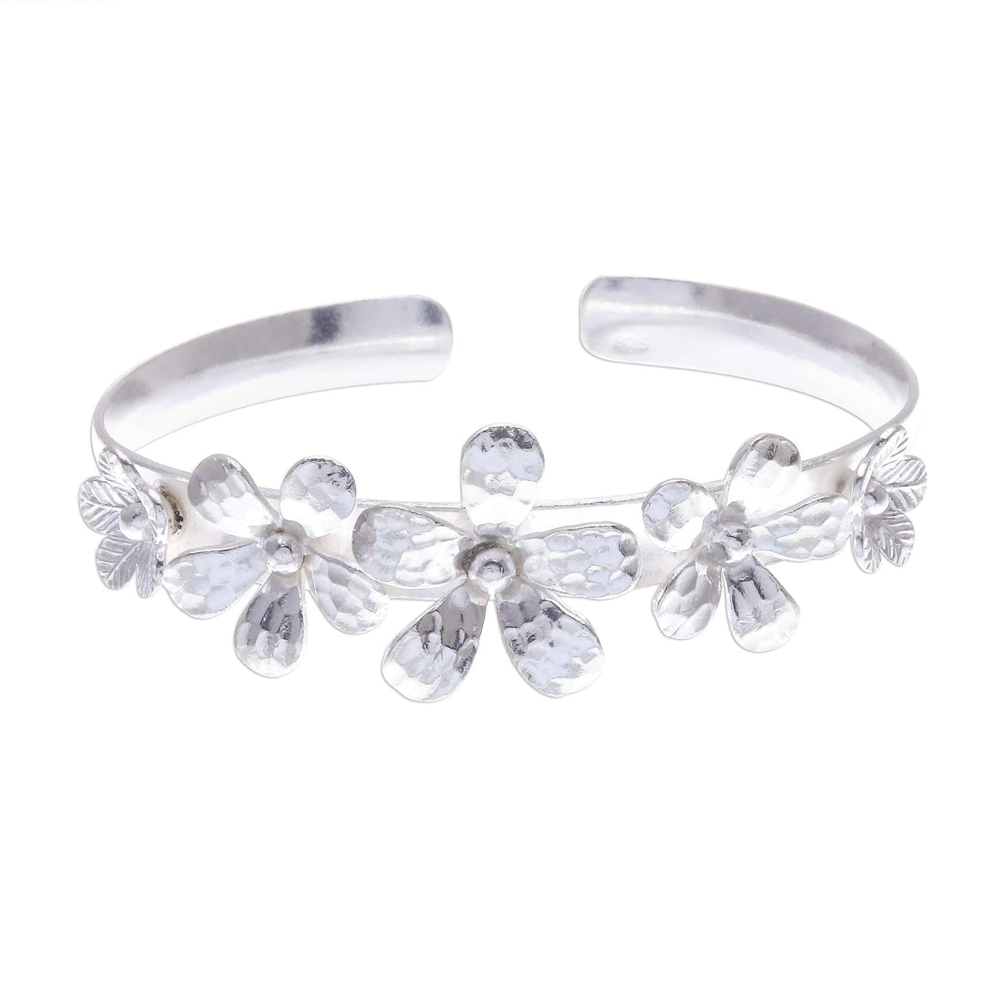 Hammered Sterling Silver Flower Cuff Bracelet - Blossom Row