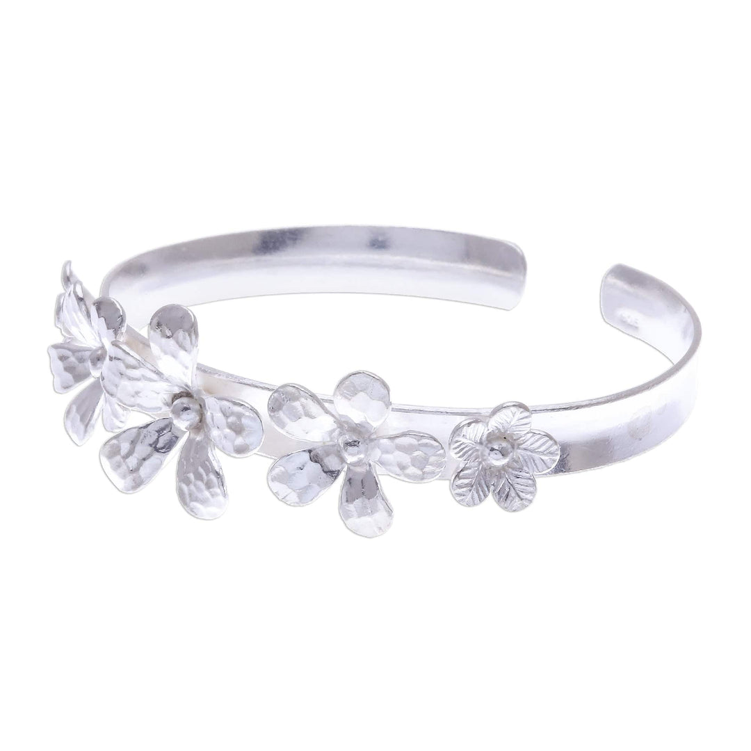 Hammered Sterling Silver Flower Cuff Bracelet - Blossom Row