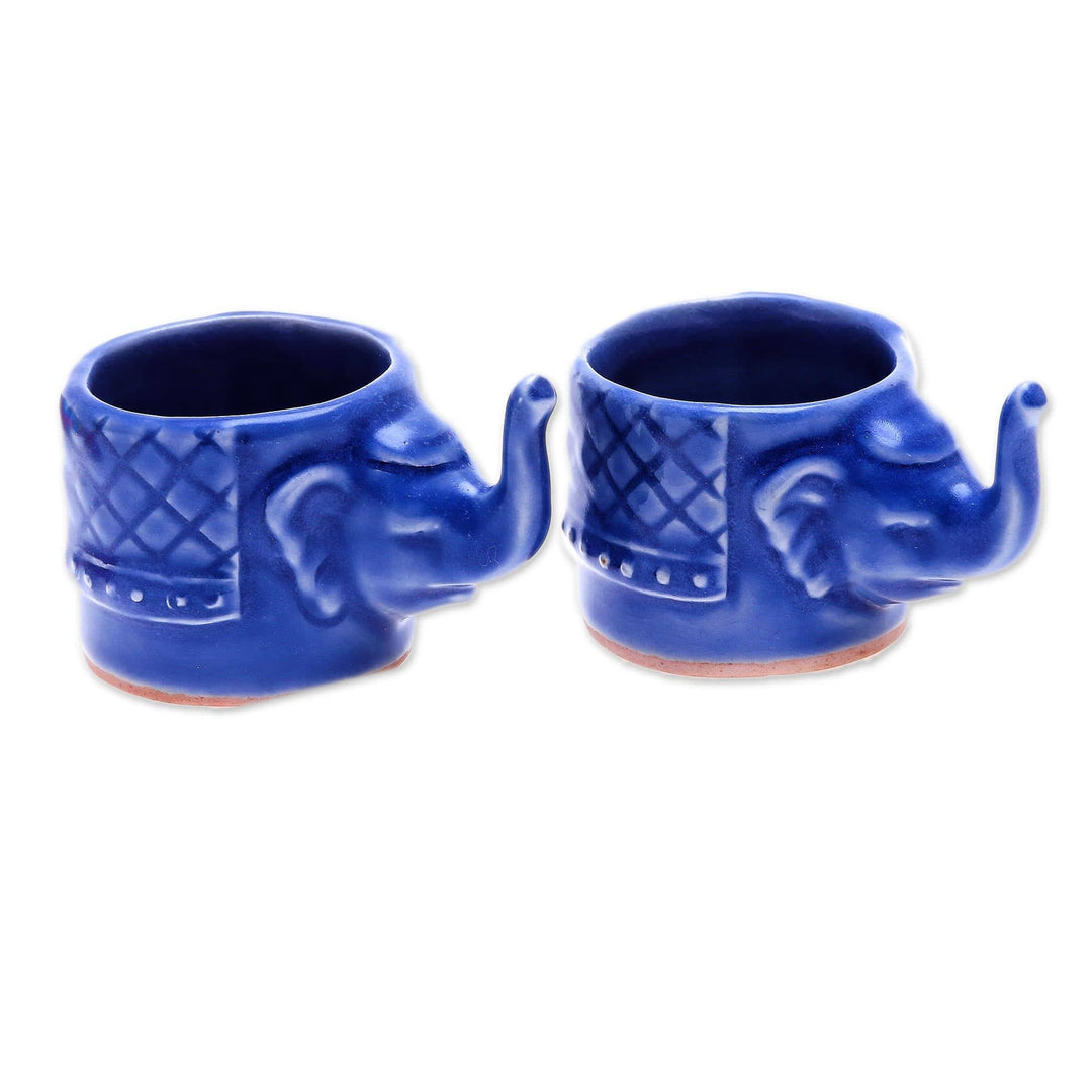Small Elephant Shaped Blue Celadon Teacups (Pair) - Elephant Essence in Blue
