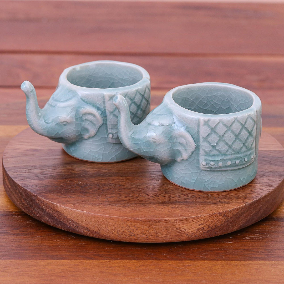 Aqua Celadon Ceramic Elephant Themed Teacups (Pair) - Elephant Essence in Aqua
