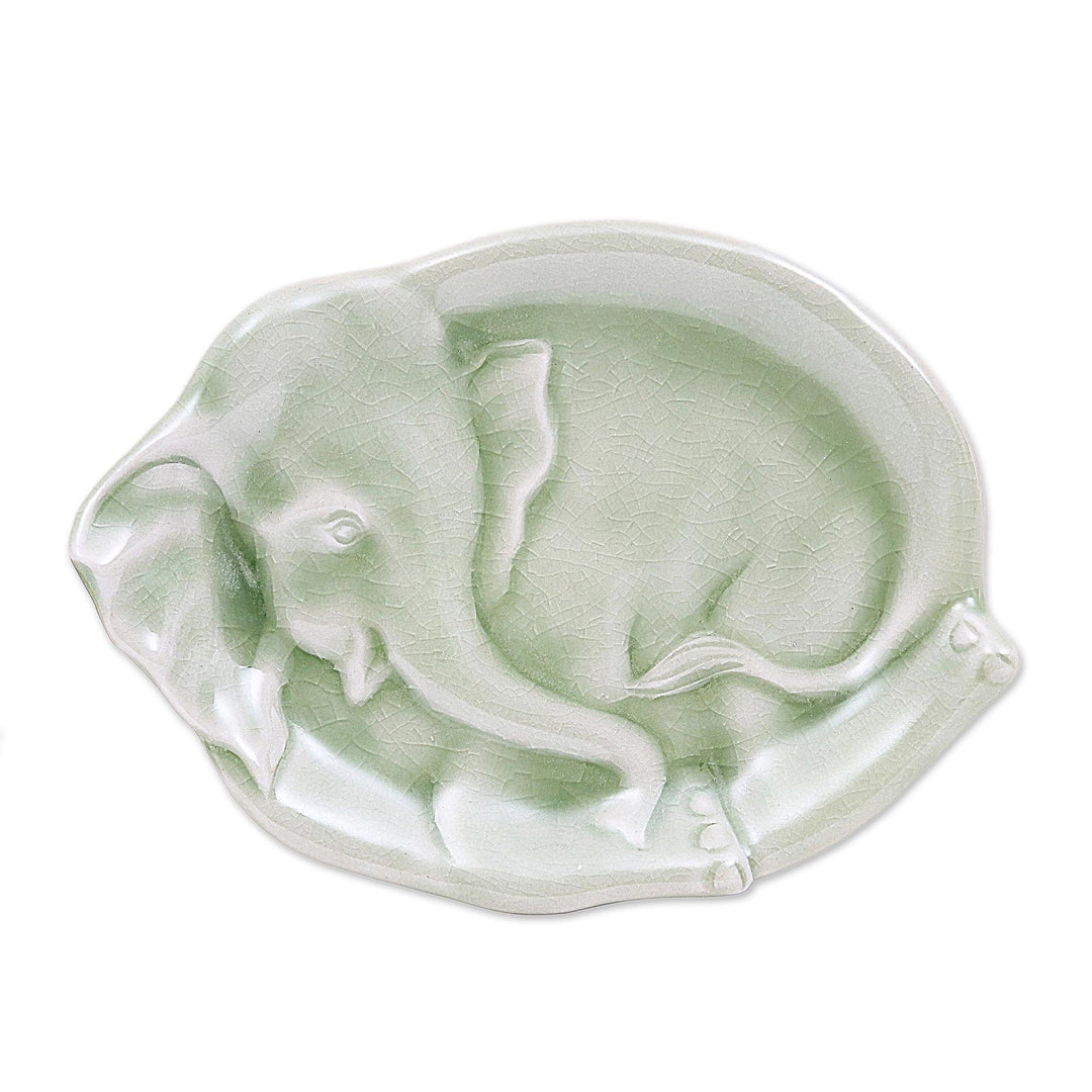 Handmade Elephant Themed Celadon Ceramic Plate - Elephant at Rest in Green