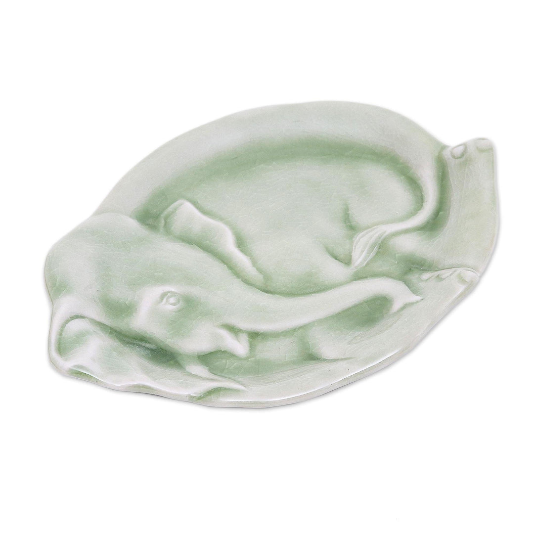 Handmade Elephant Themed Celadon Ceramic Plate - Elephant at Rest in Green