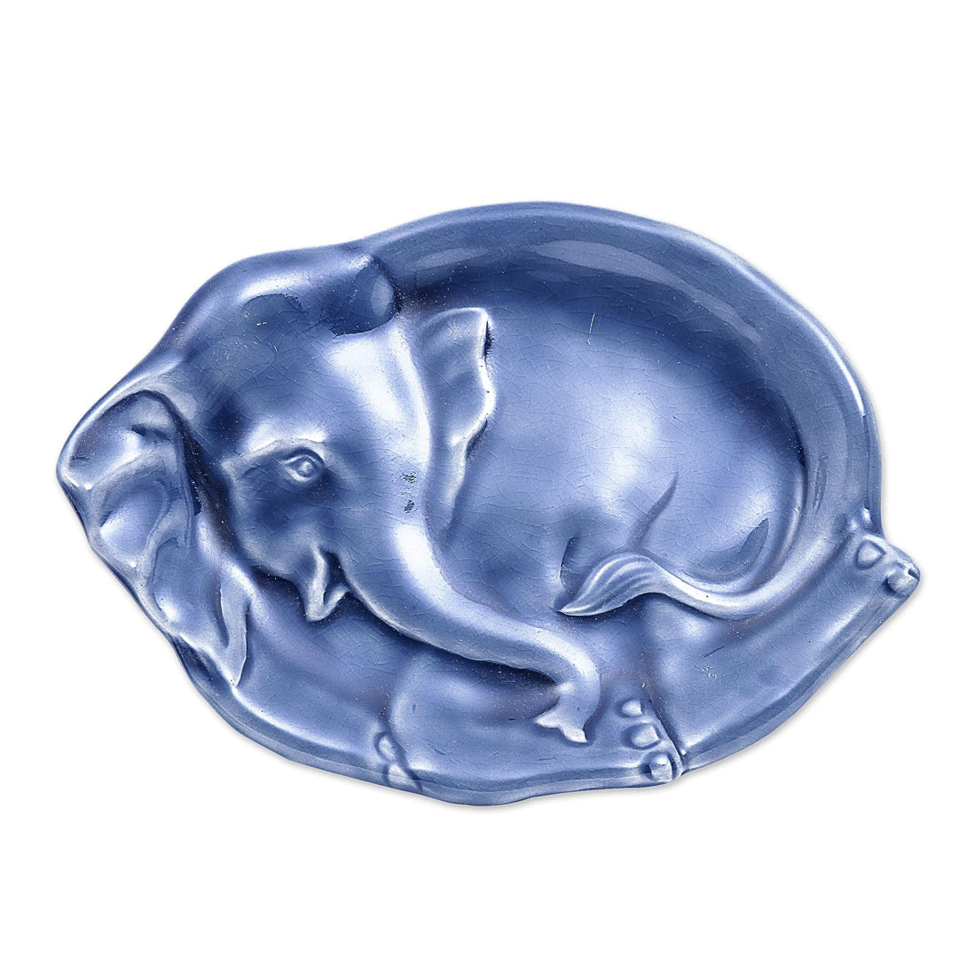 Blue Celadon Elephant-Shaped Plate from Thailand - Elephant at Rest in Blue
