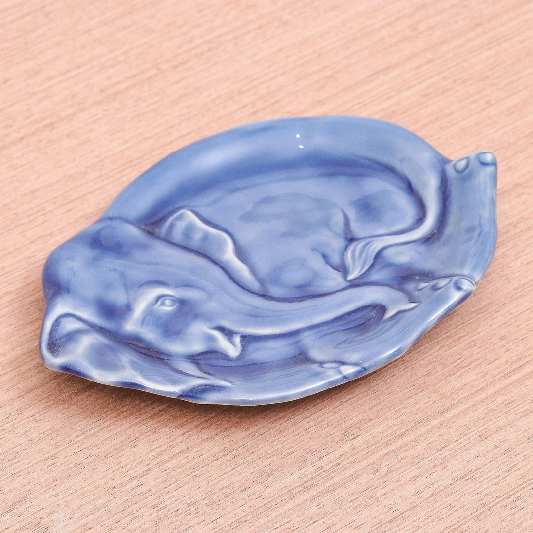 Blue Celadon Elephant-Shaped Plate from Thailand - Elephant at Rest in Blue