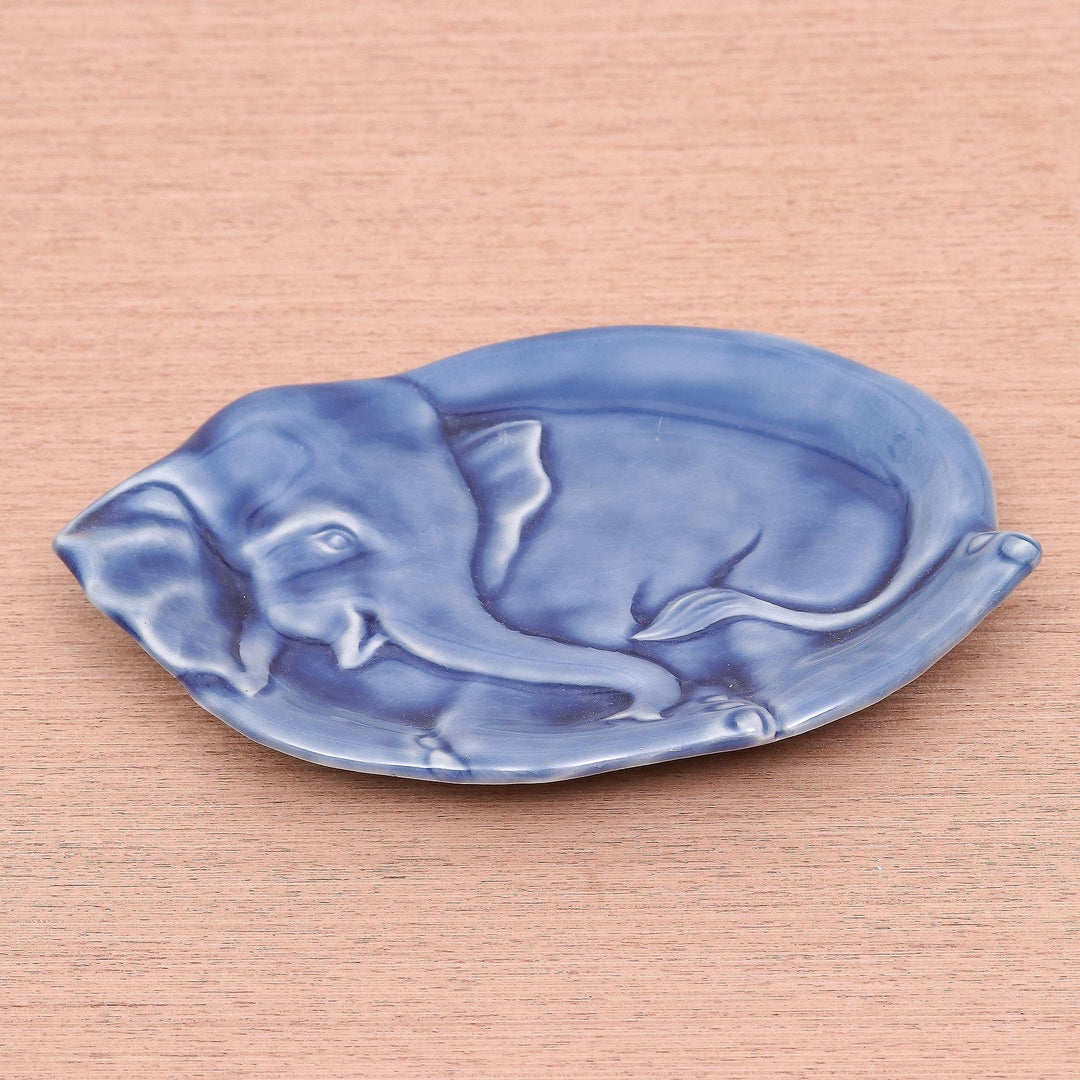 Blue Celadon Elephant-Shaped Plate from Thailand - Elephant at Rest in Blue