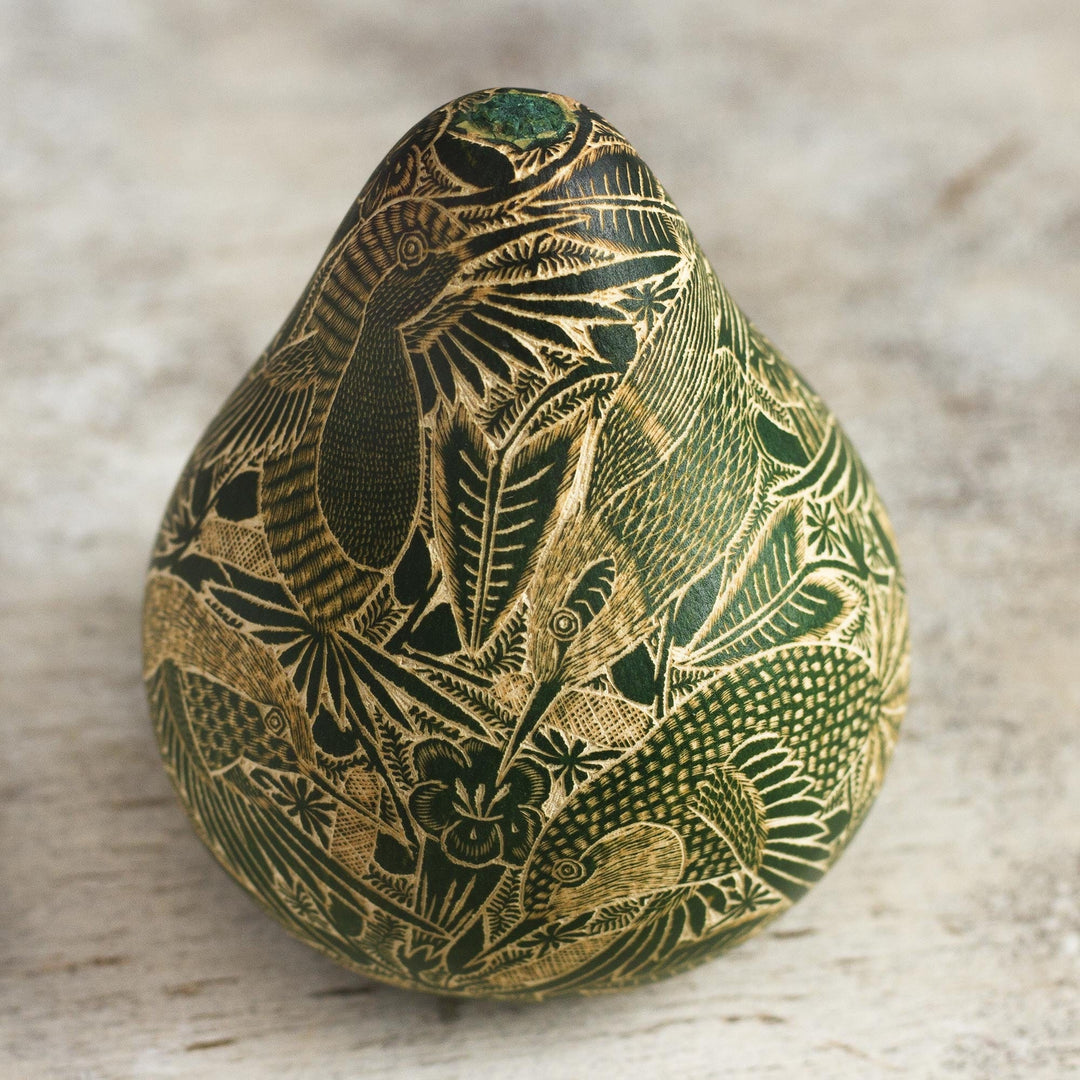 Peruvian Engraved Dried Gourd Green Hummingbird Figurine - Andean Hummingbird