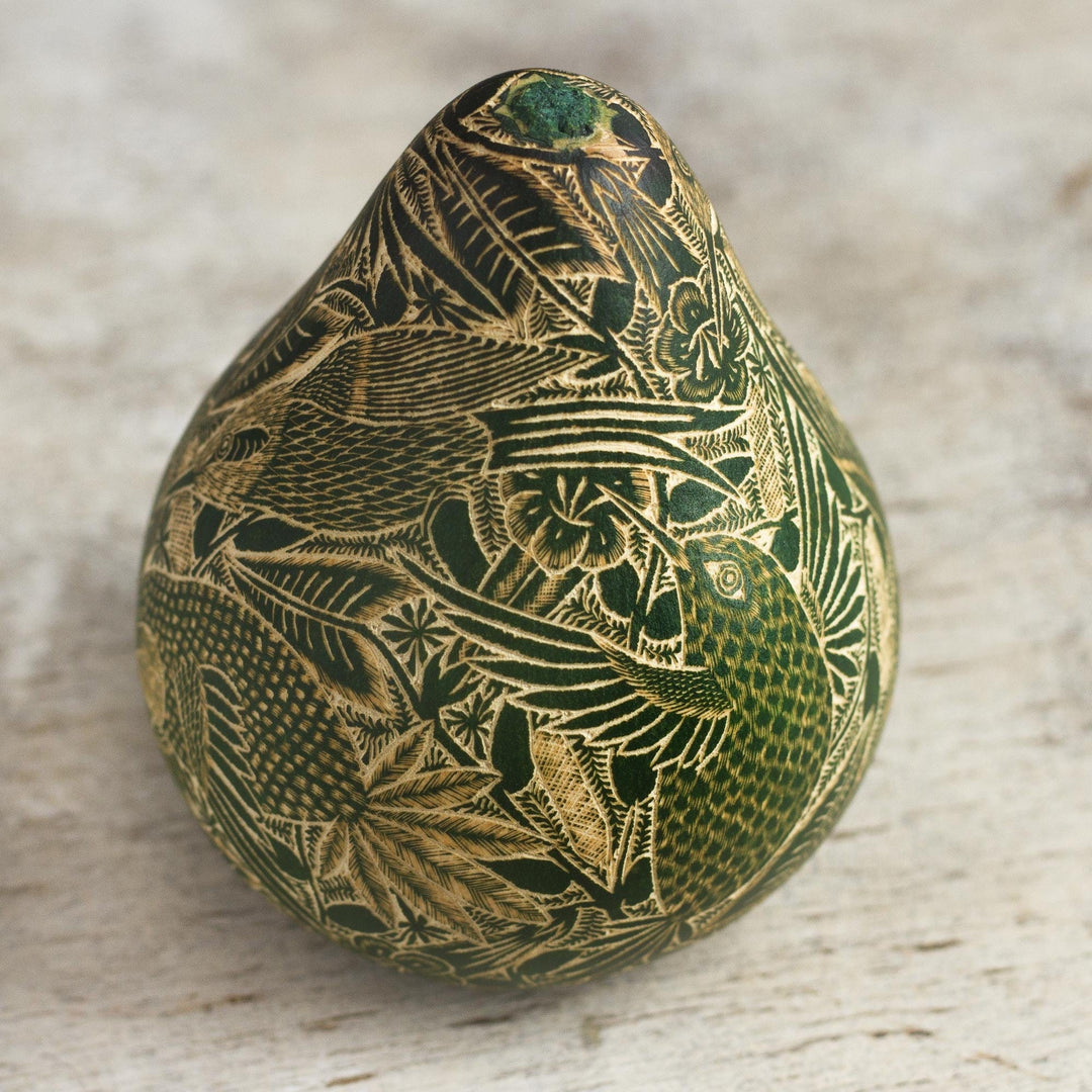 Peruvian Engraved Dried Gourd Green Hummingbird Figurine - Andean Hummingbird