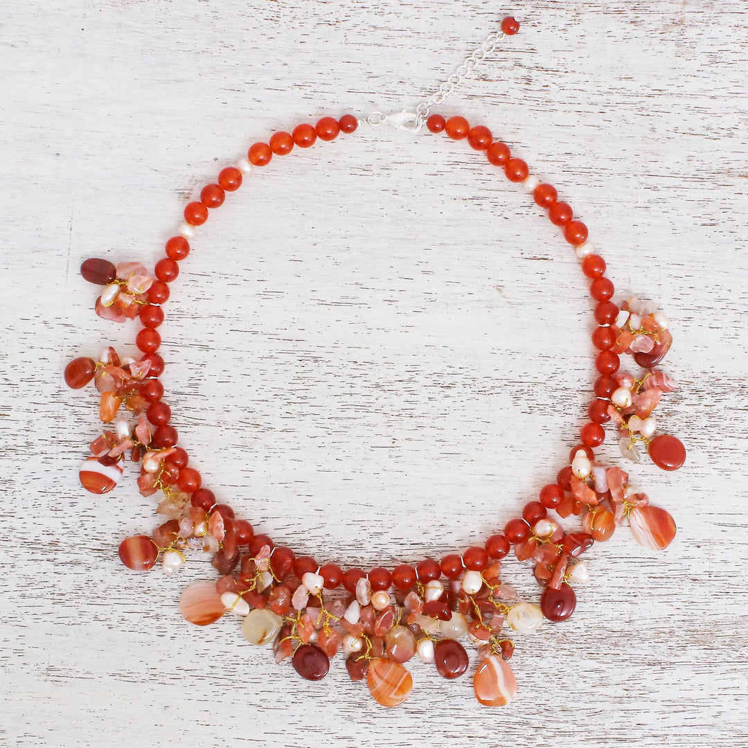 Artisan Crafted Pearl-Chalcedony-Carnelian Necklace - Peach Tone Beauty