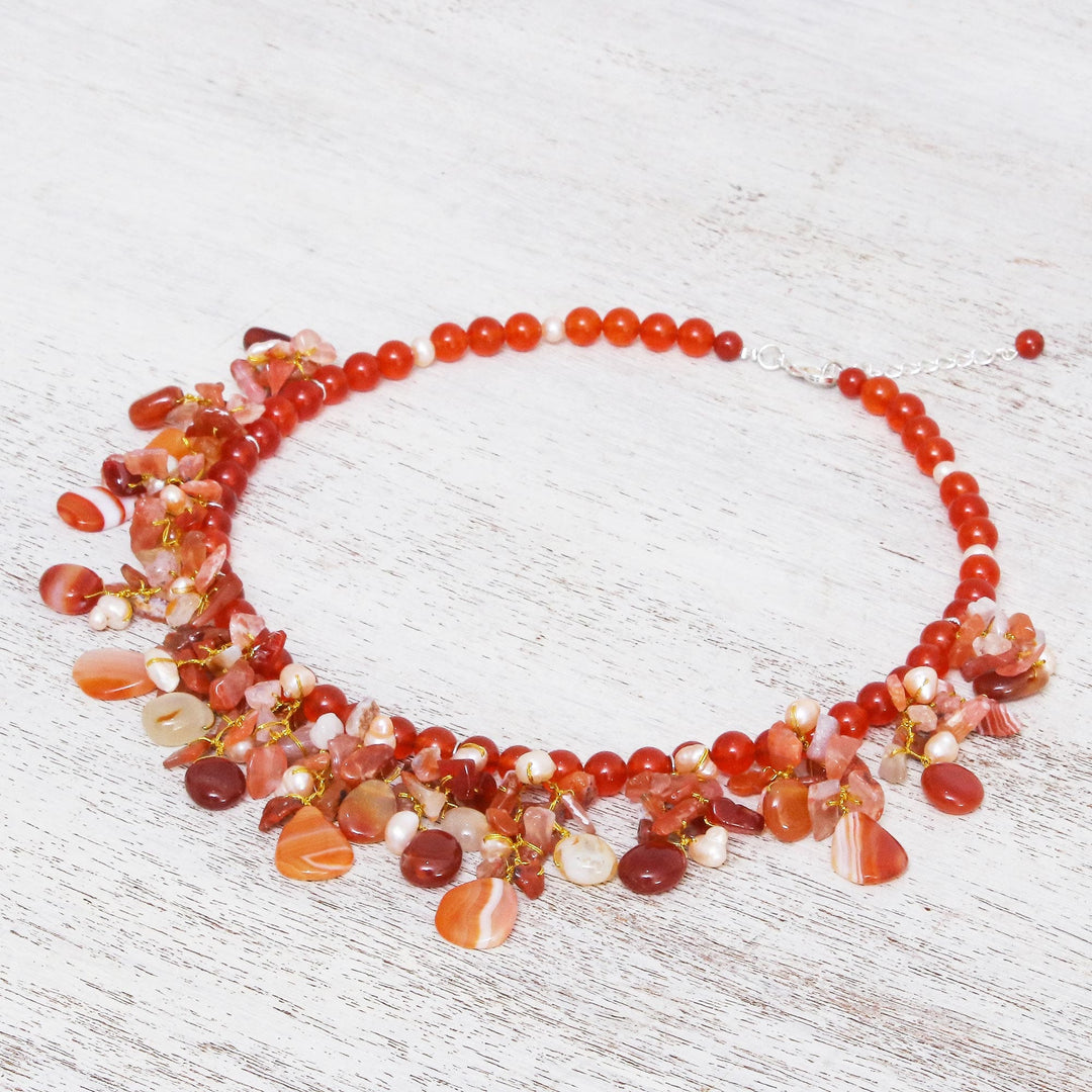 Artisan Crafted Pearl-Chalcedony-Carnelian Necklace - Peach Tone Beauty