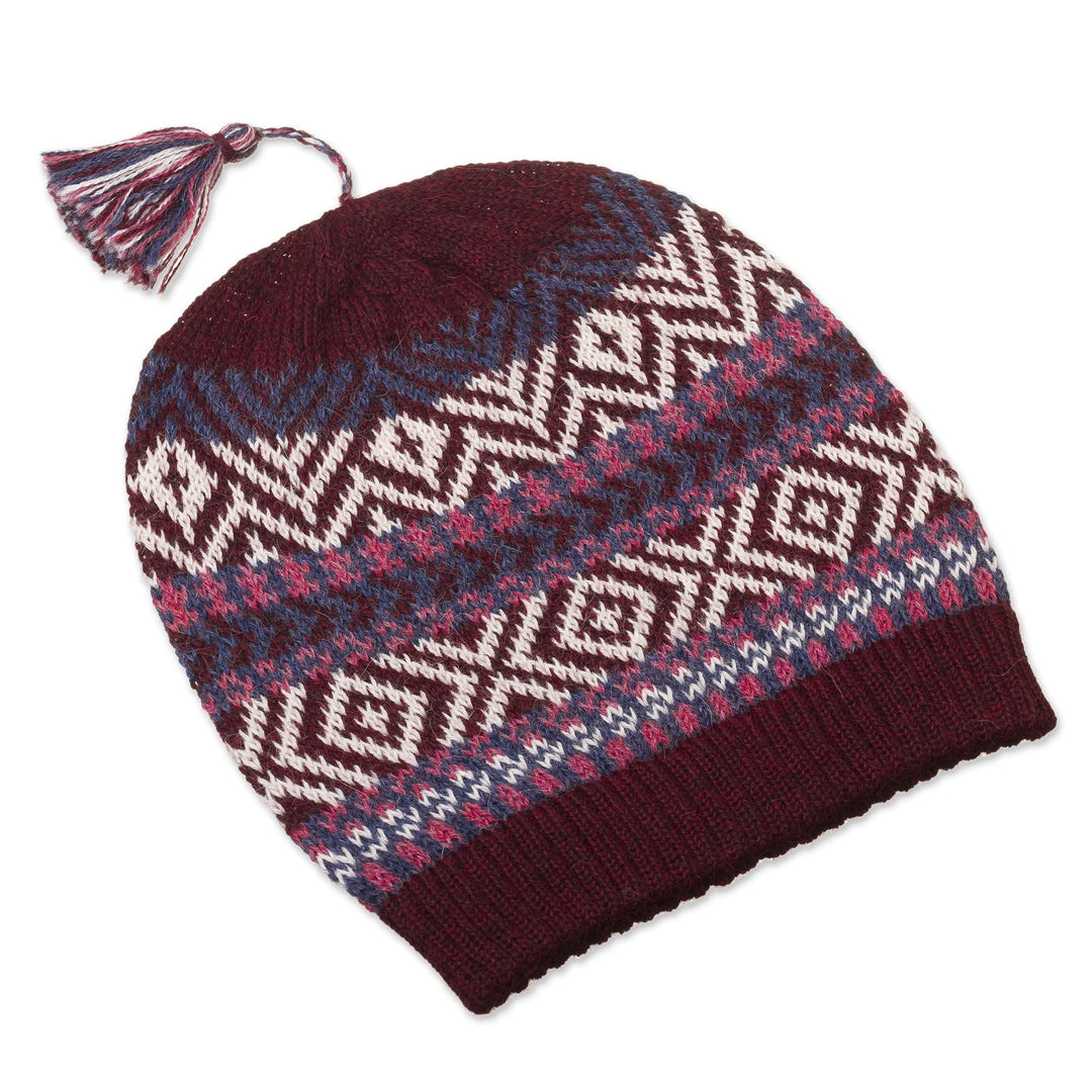 100% Alpaca Knit Hat from Peru - Inca Festival in Wine