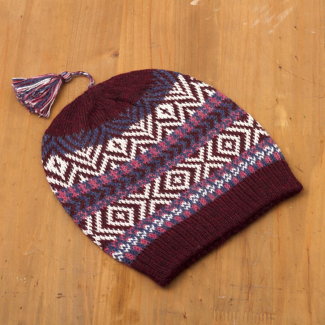 100% Alpaca Knit Hat from Peru - Inca Festival in Wine