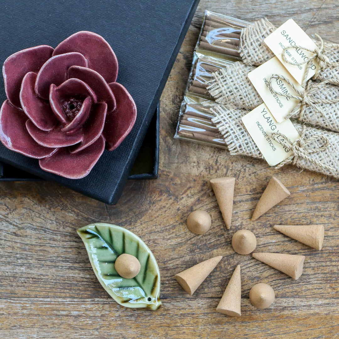 Incense and Ceramic Holders Gift Set - Burgundy Rose