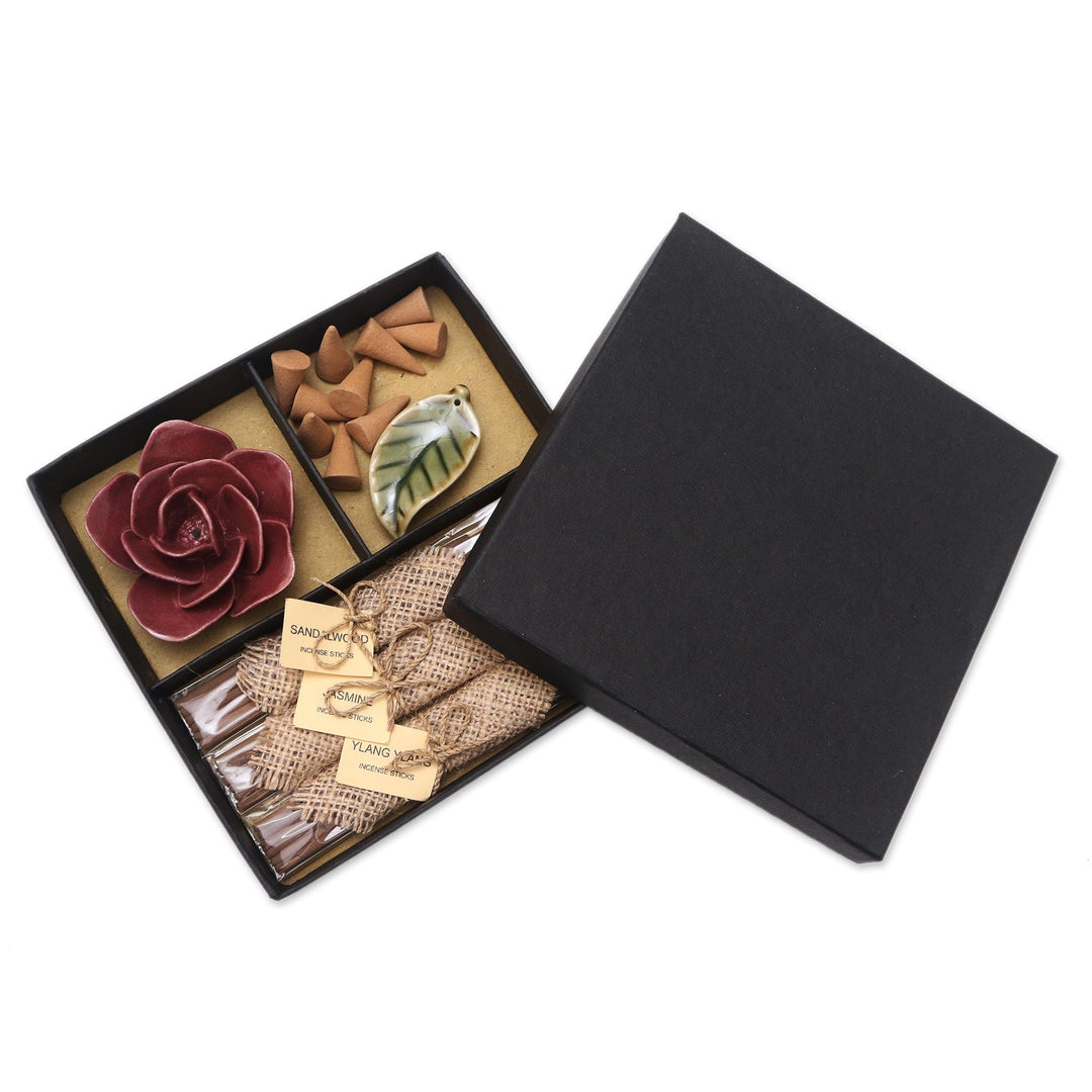 Incense and Ceramic Holders Gift Set - Burgundy Rose