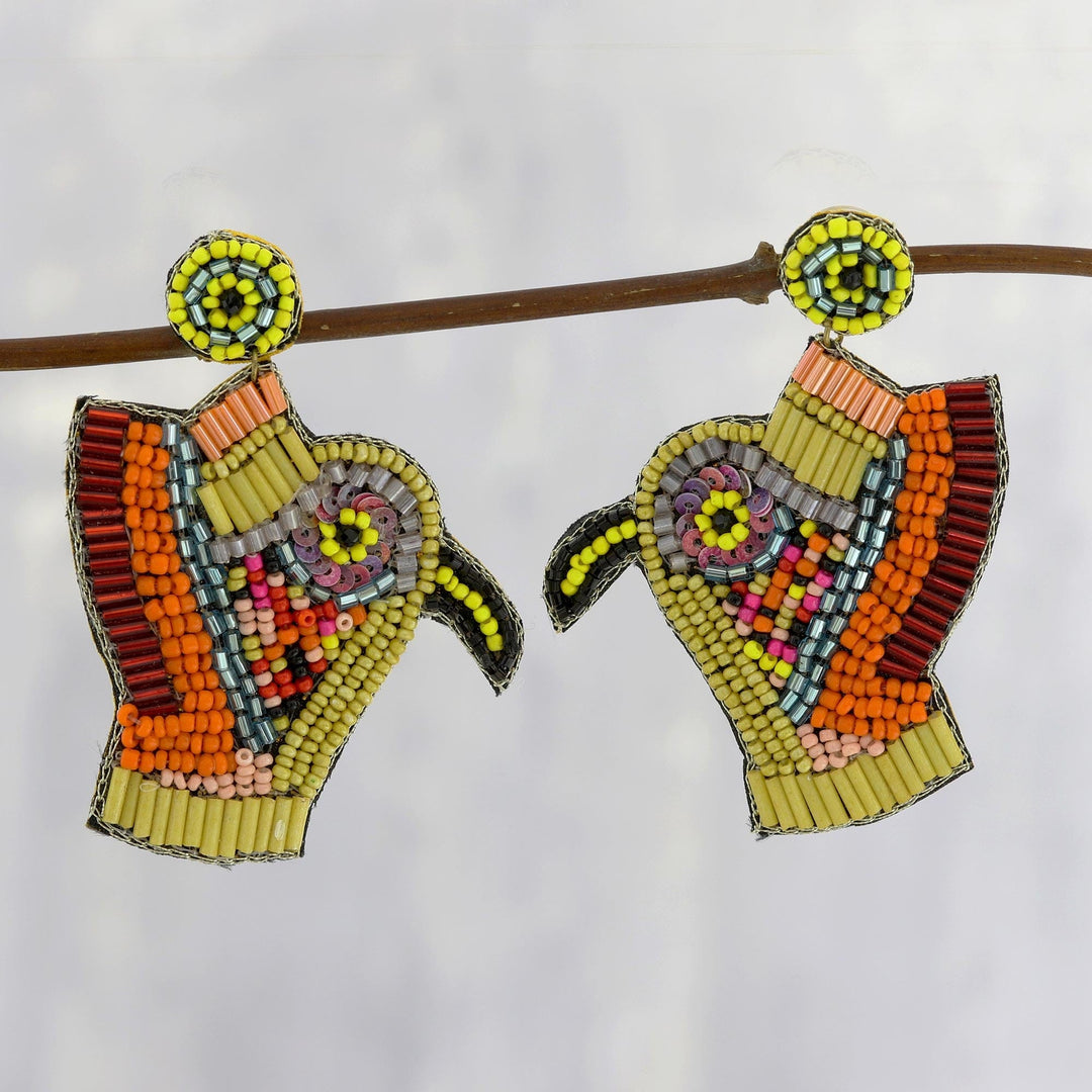 Multicolor Beaded Kingfisher Dangle Earrings - Kingfisher Charm in Yellow