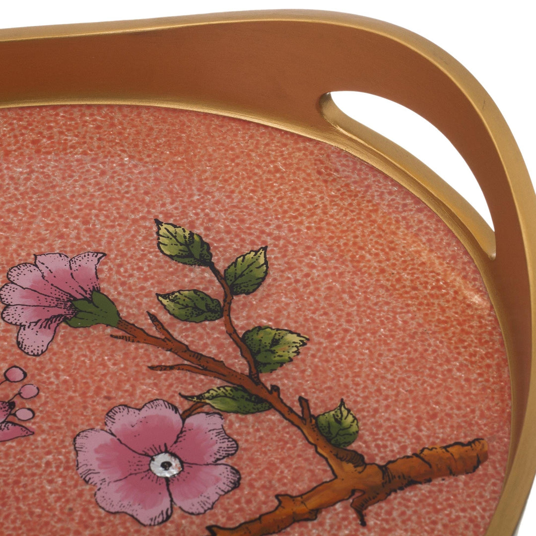 Reverse Painted Glass and Wood Tray - Birds of a Feather in Rose