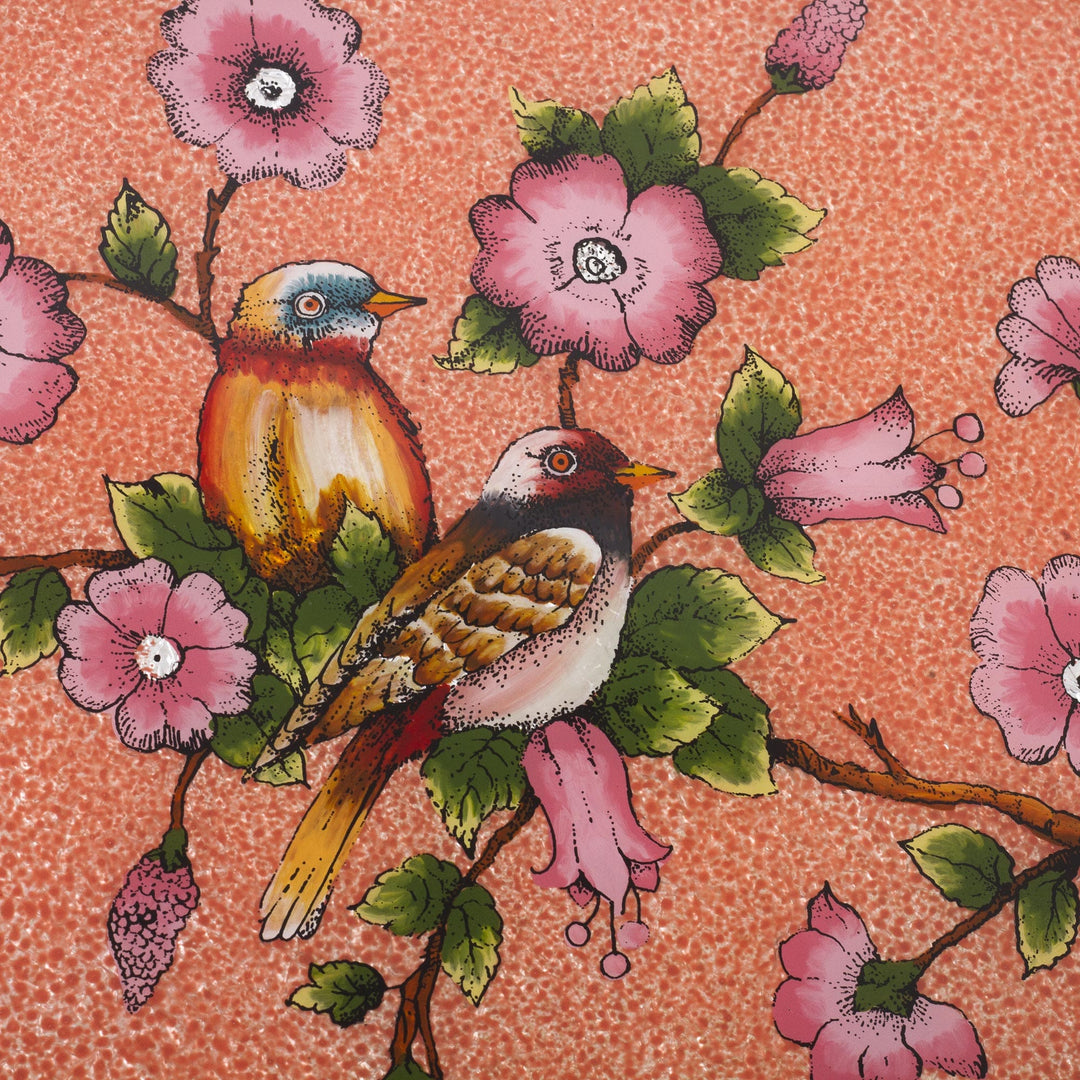 Reverse Painted Glass and Wood Tray - Birds of a Feather in Rose