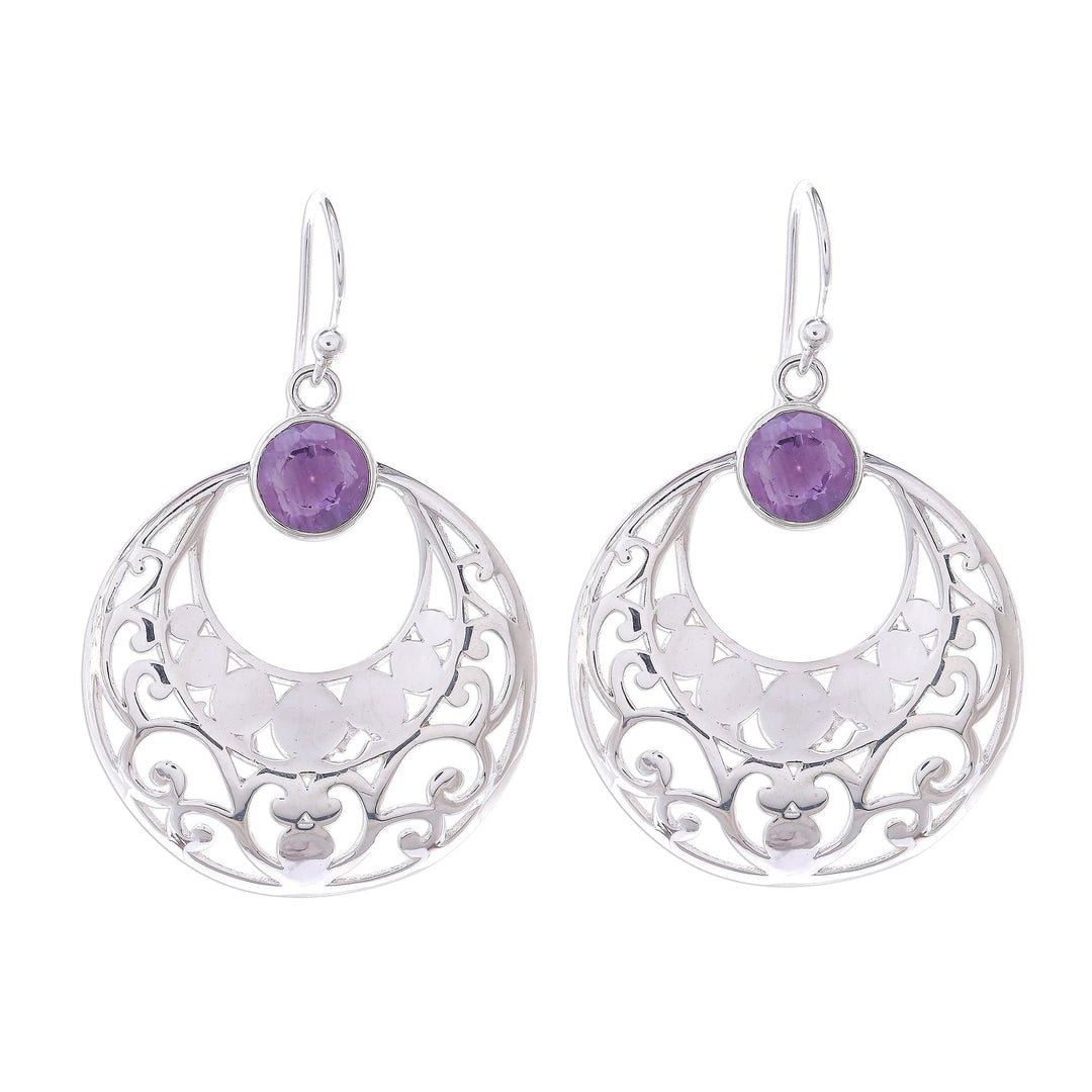Sterling Silver Crescent. Dangle Earrings with Amethysts - Waxing Moon in Violet