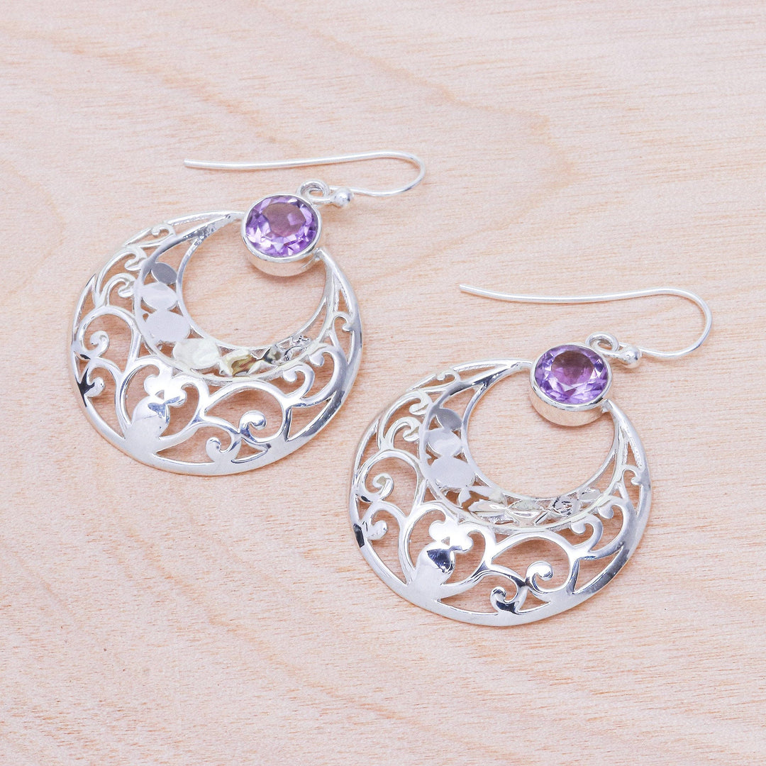 Sterling Silver Crescent. Dangle Earrings with Amethysts - Waxing Moon in Violet