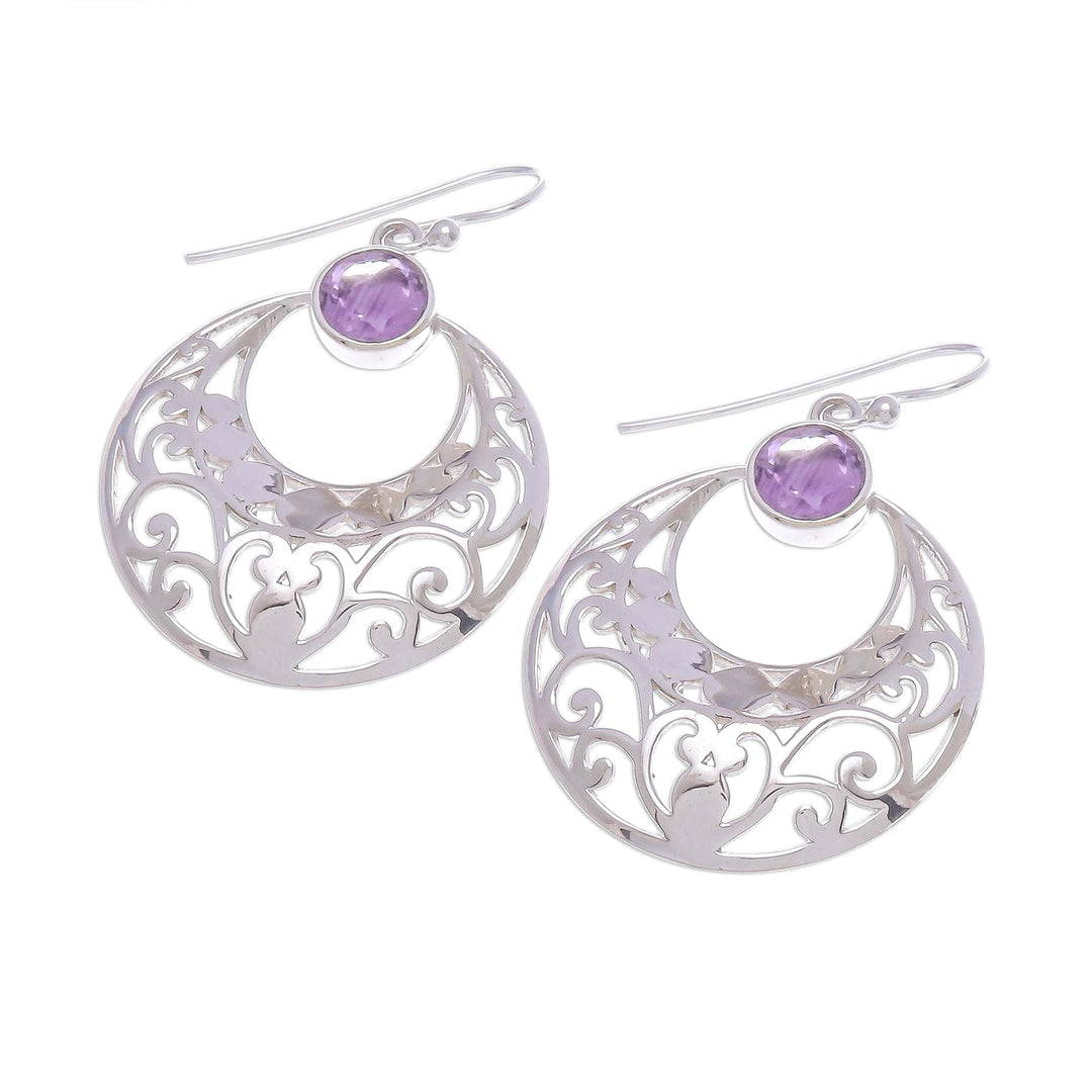 Sterling Silver Crescent. Dangle Earrings with Amethysts - Waxing Moon in Violet