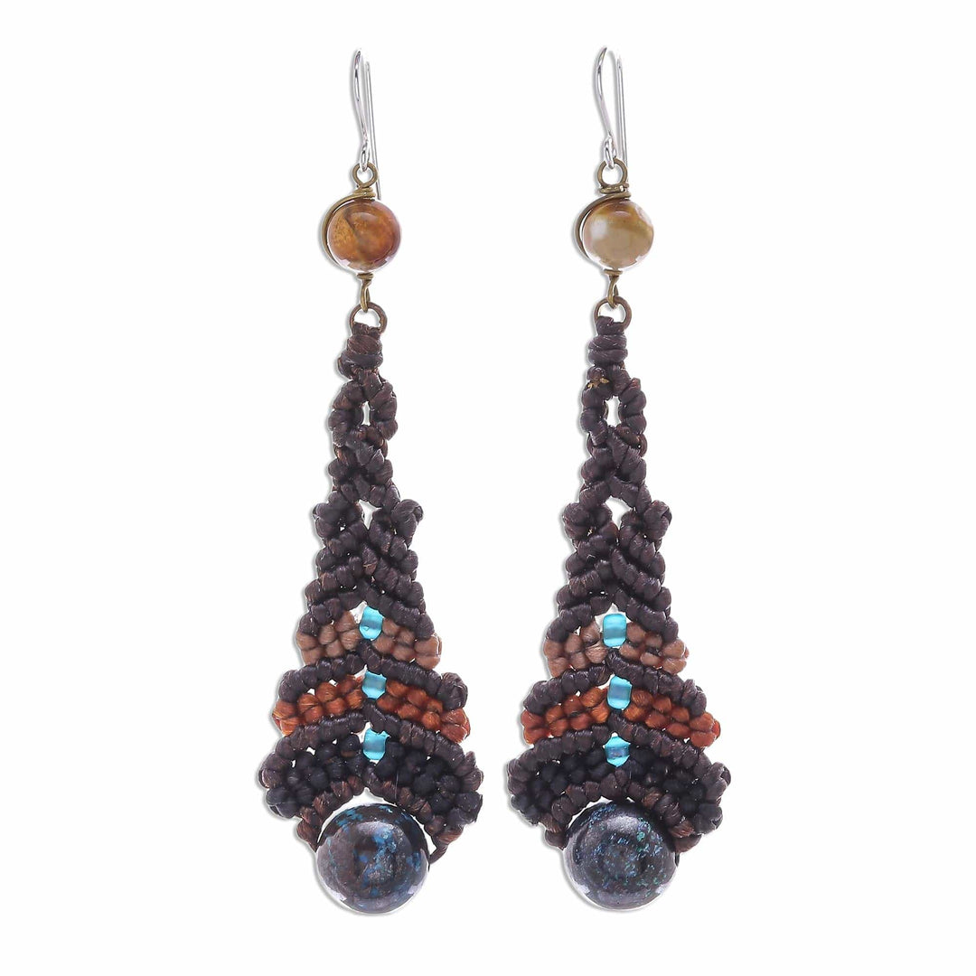 Agate Macrame Beaded Dangle Earrings - Raindrop in Brown