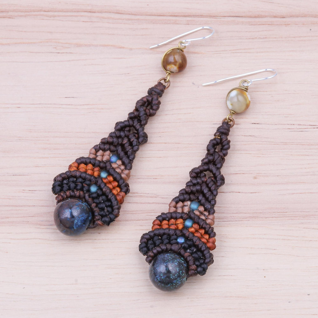 Agate Macrame Beaded Dangle Earrings - Raindrop in Brown
