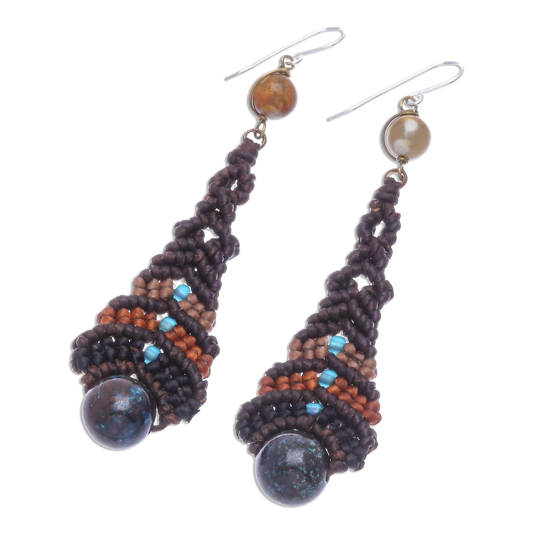 Agate Macrame Beaded Dangle Earrings - Raindrop in Brown