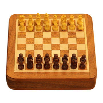 Hand Carved Wood Mini Travel Chess Set - Traveling with Royalty