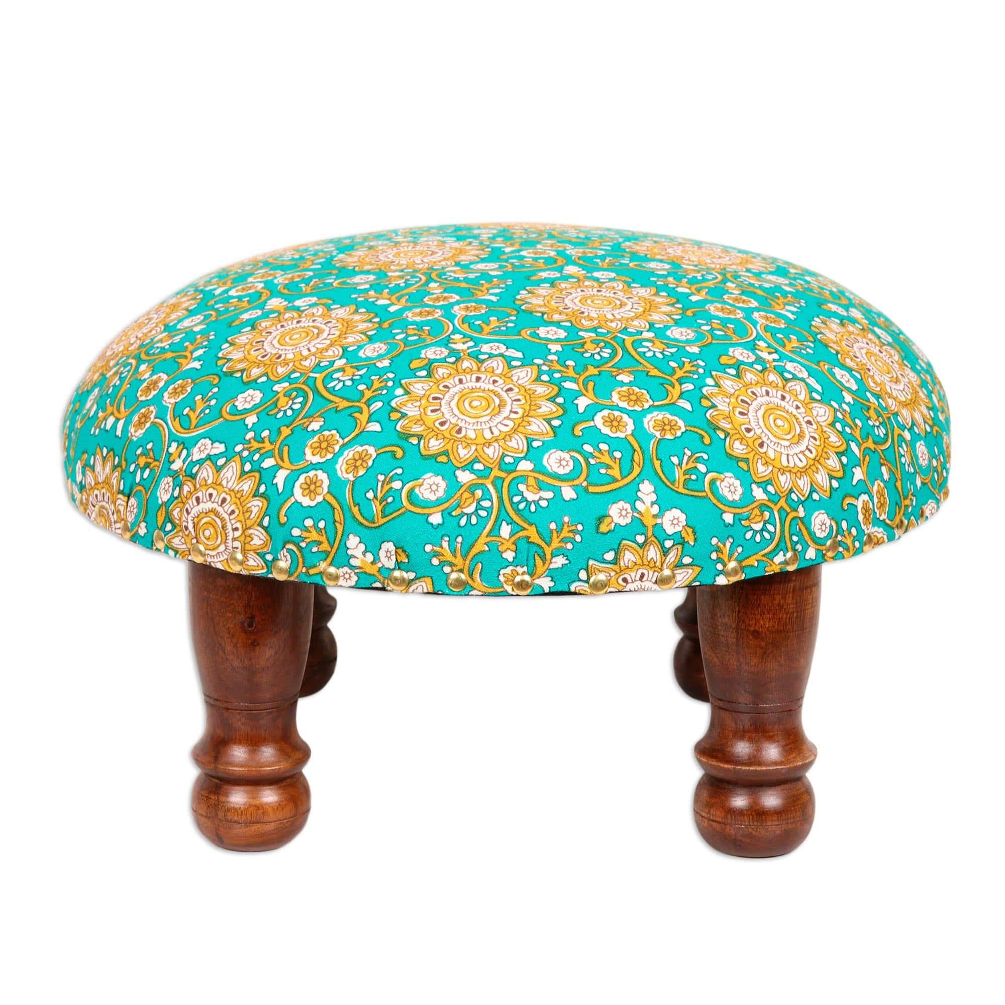 Green Mandala Motif Ottoman with Wood Legs - Green Magnificence