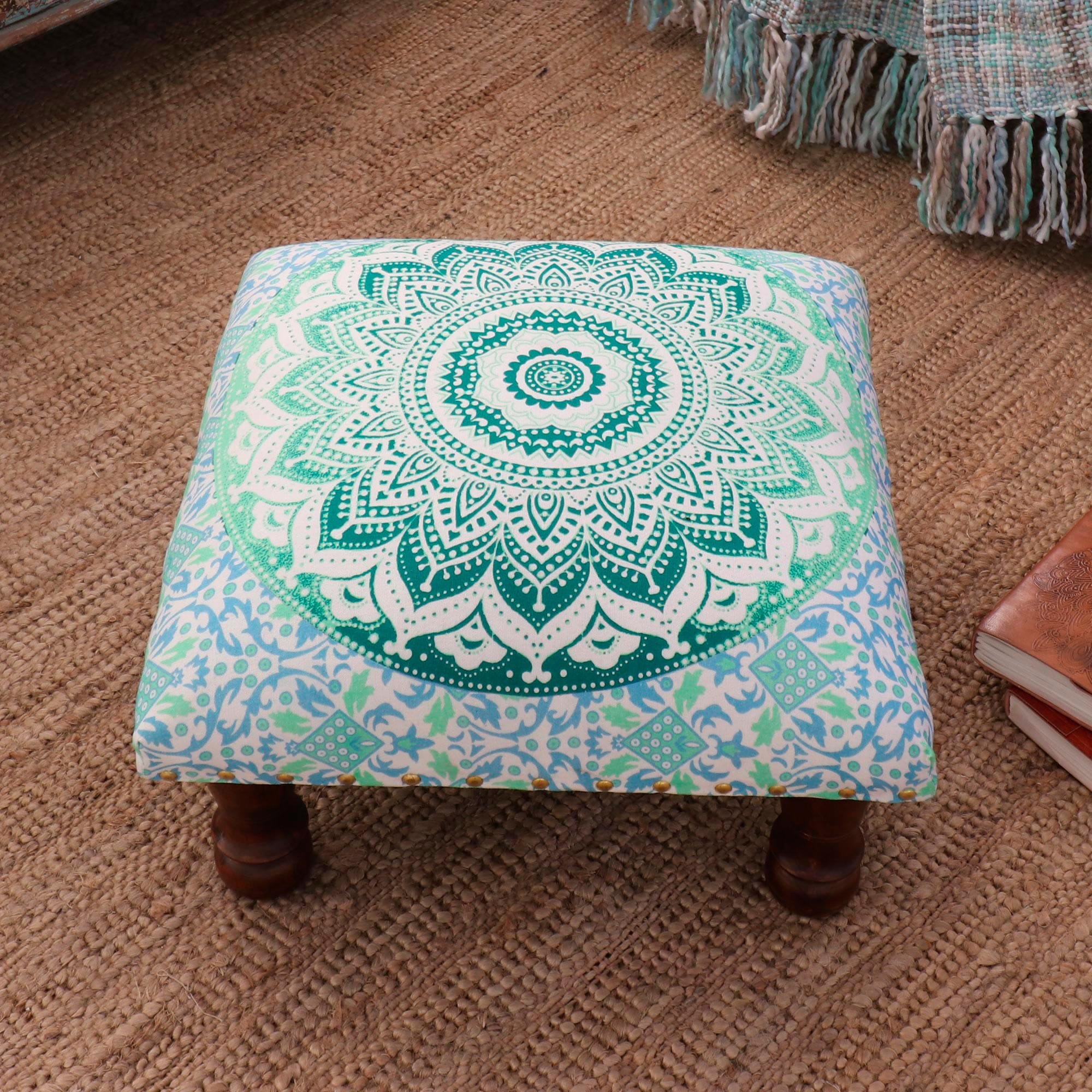 Green Mandala Motif Ottoman with Wood Legs - Green Magnificence