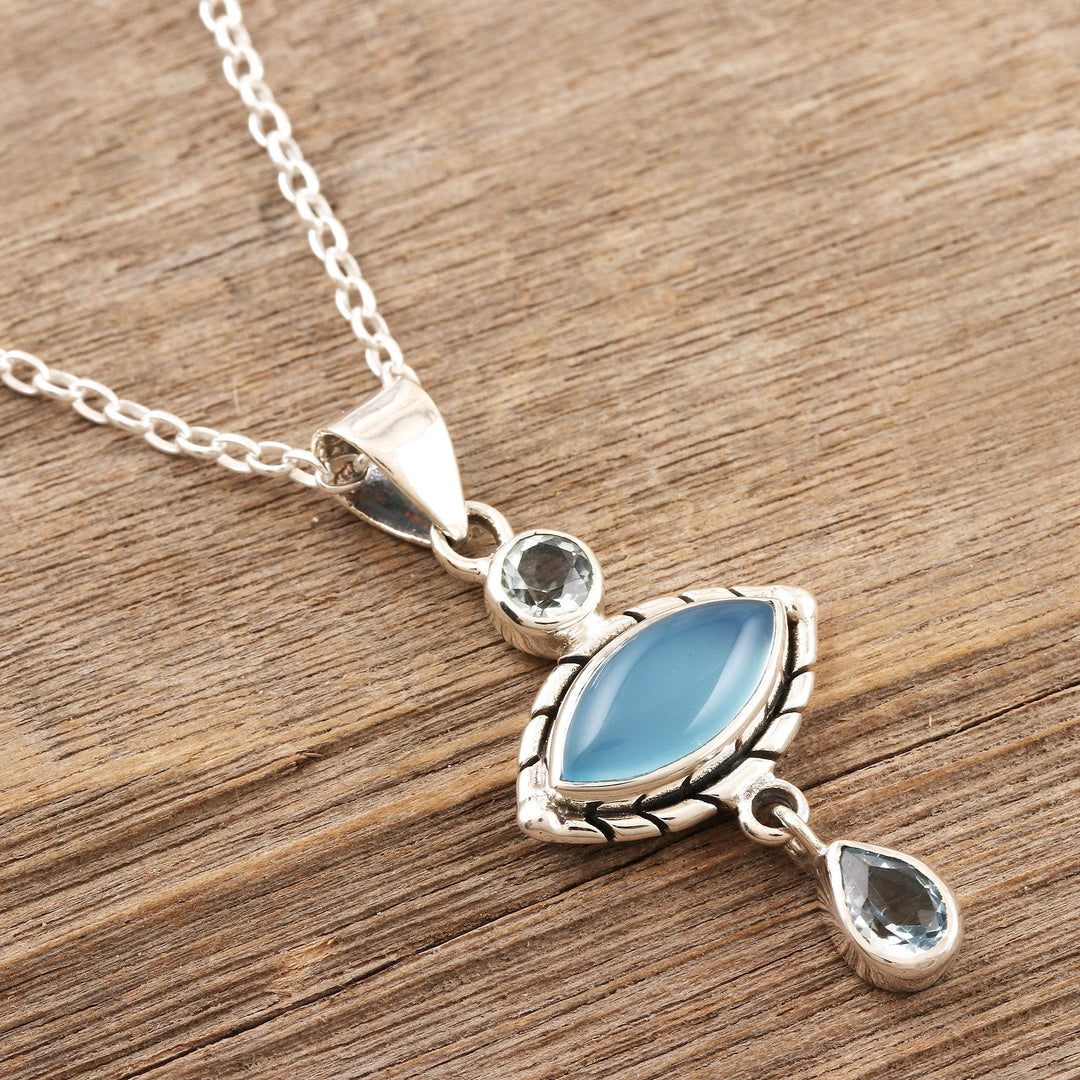 Chalcedony and Blue Topaz Sterling Silver Pendant Necklace - Blue Fusion