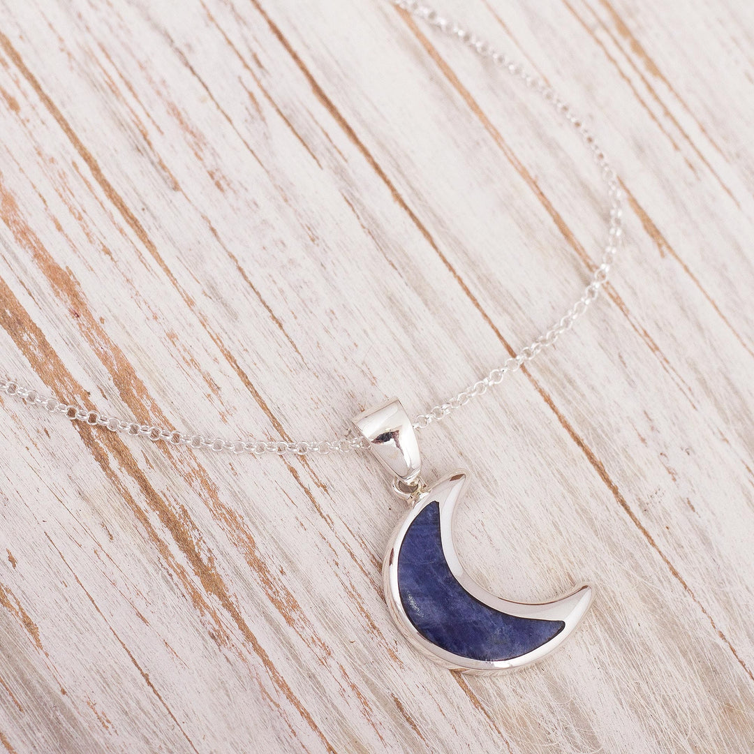 Peruvian Sodalite and Sterling Silver Moon Pendant Necklace - Waning Crescent Moon