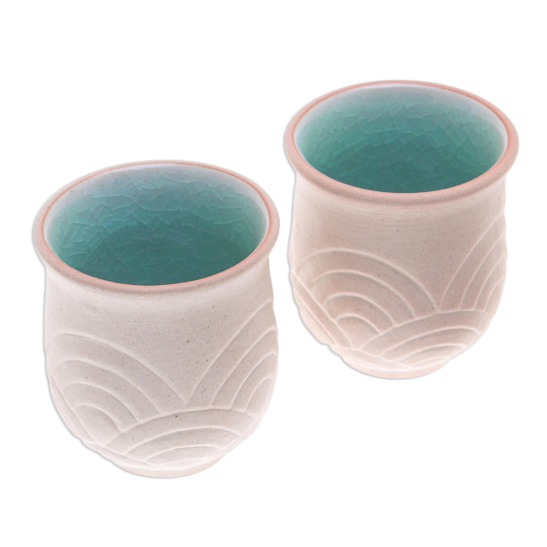 Hand Made Celadon Ceramic Cups from Thailand (Pair) - Gentle Waves