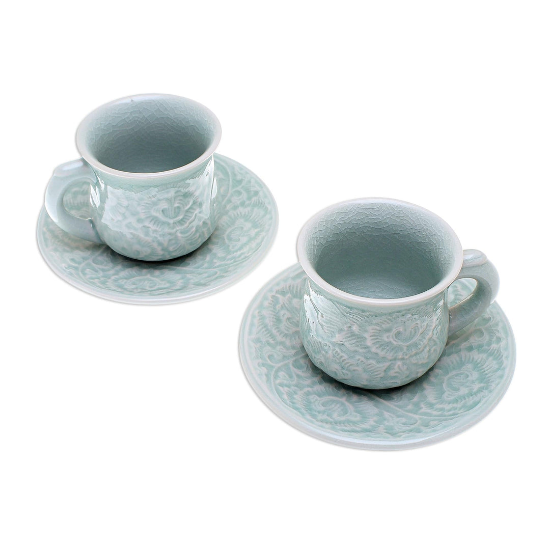Celadon Ceramic Cup and Saucer Set from Thailand (Pair) - Tea Flowers