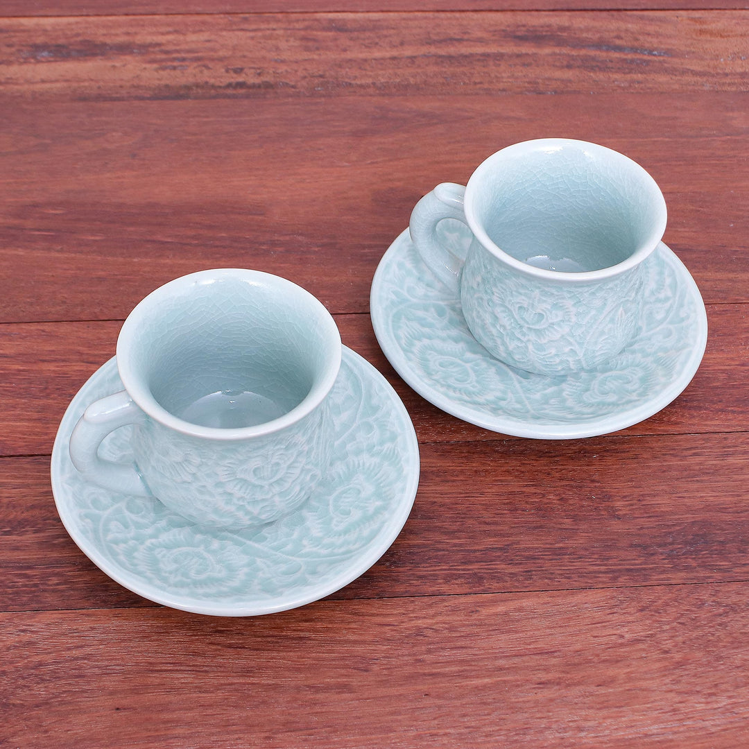 Celadon Ceramic Cup and Saucer Set from Thailand (Pair) - Tea Flowers