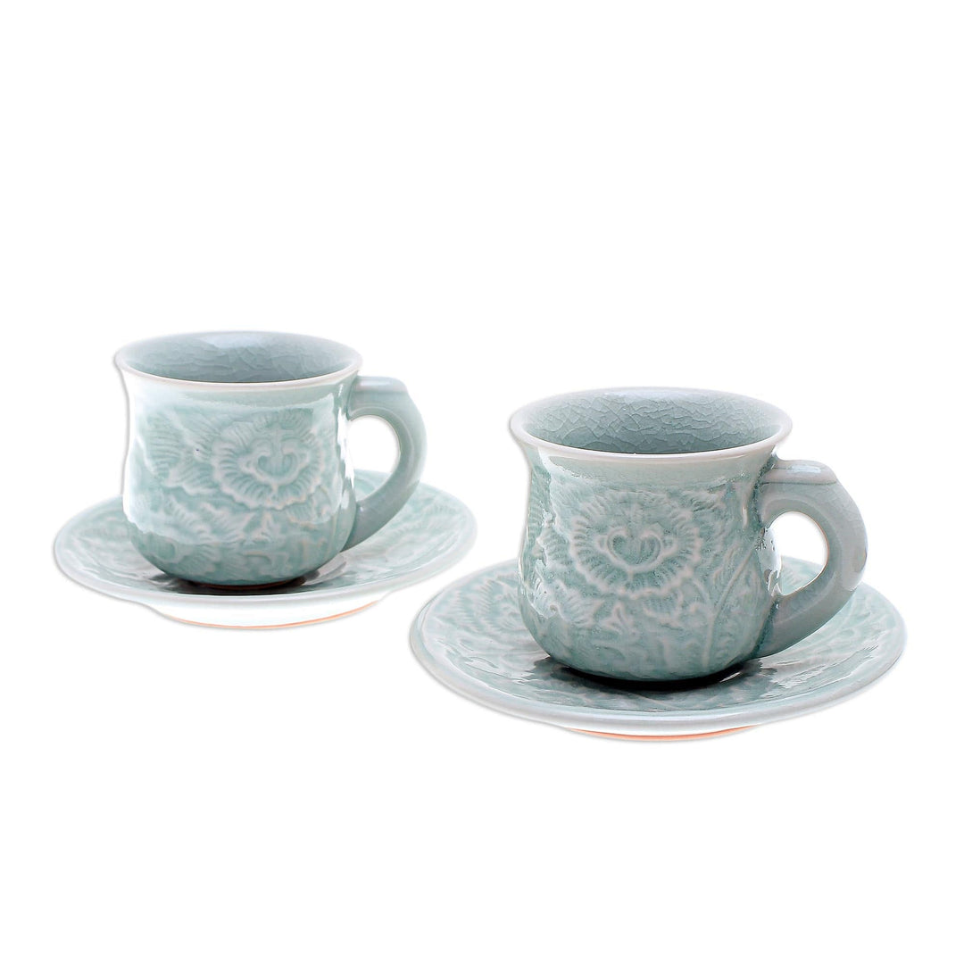 Celadon Ceramic Cup and Saucer Set from Thailand (Pair) - Tea Flowers