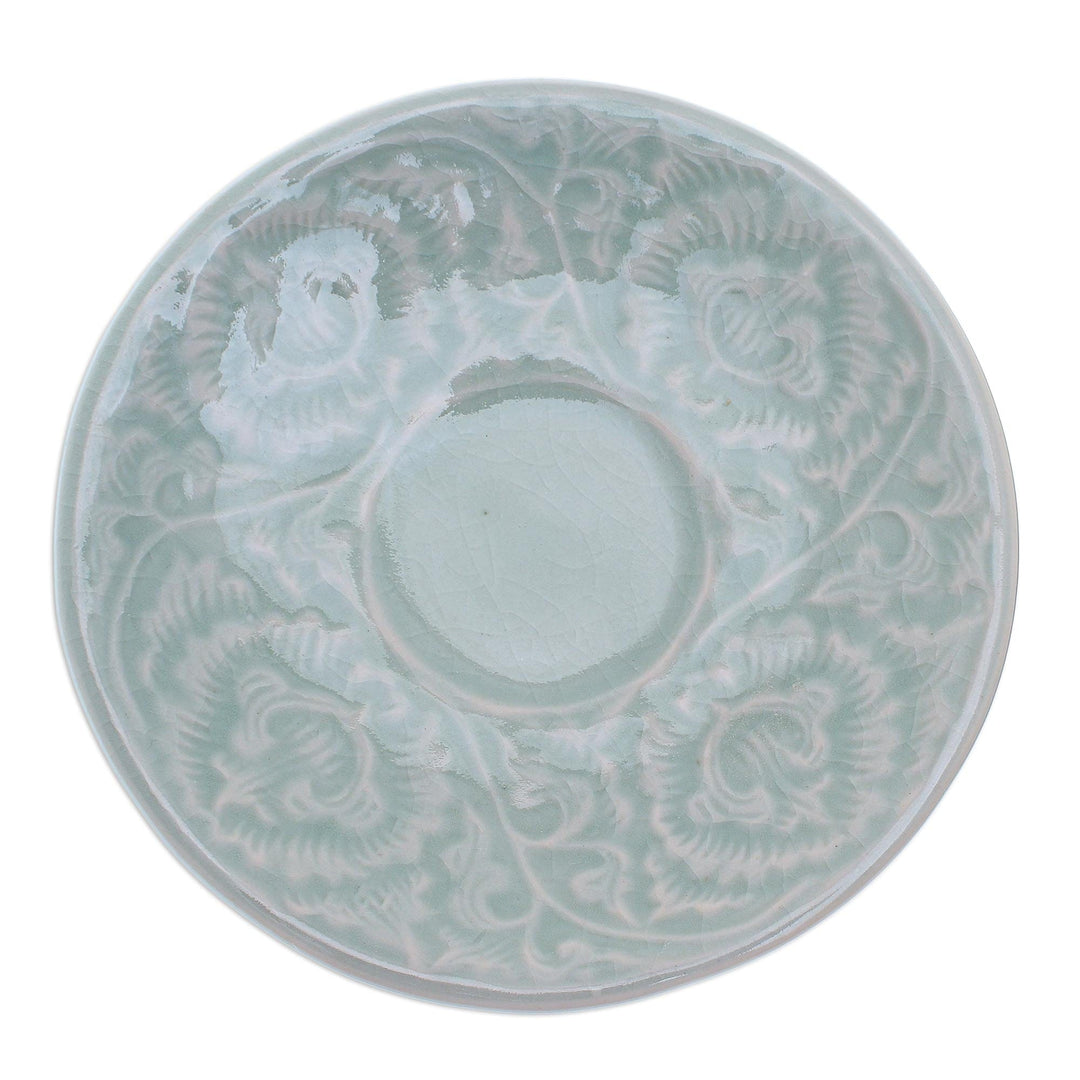 Celadon Ceramic Cup and Saucer Set from Thailand (Pair) - Tea Flowers