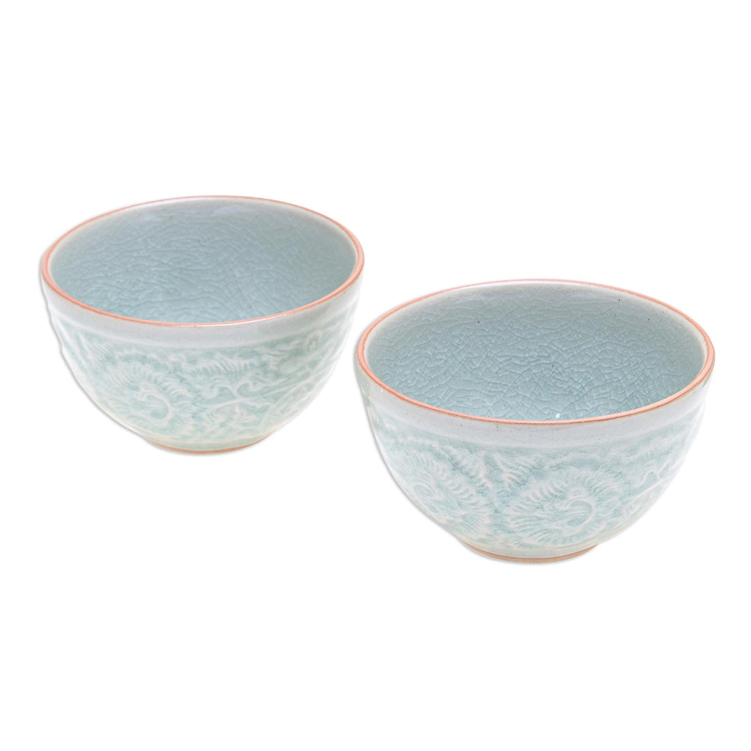 Hand Made Celadon Ceramic Floral Bowls (Pair) - Antique Flora
