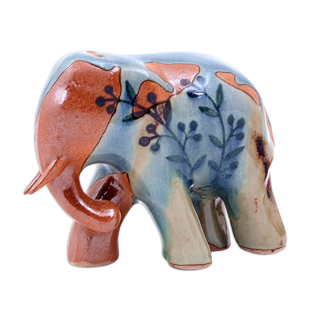 Hand Crafted Celadon Ceramic Elephant Sculpture - Jungle Leaves