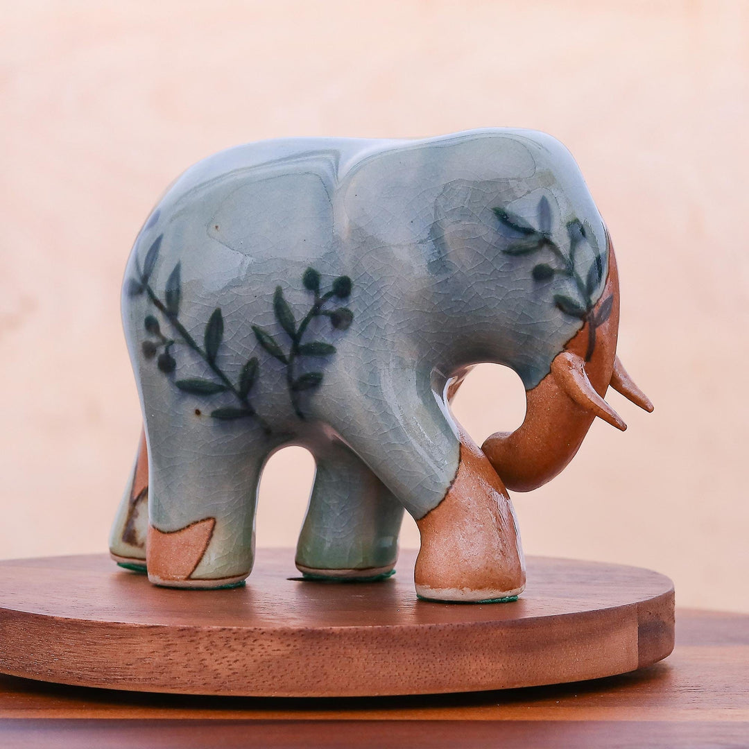 Hand Crafted Celadon Ceramic Elephant Sculpture - Jungle Leaves