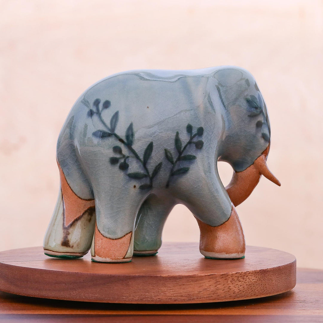 Hand Crafted Celadon Ceramic Elephant Sculpture - Jungle Leaves