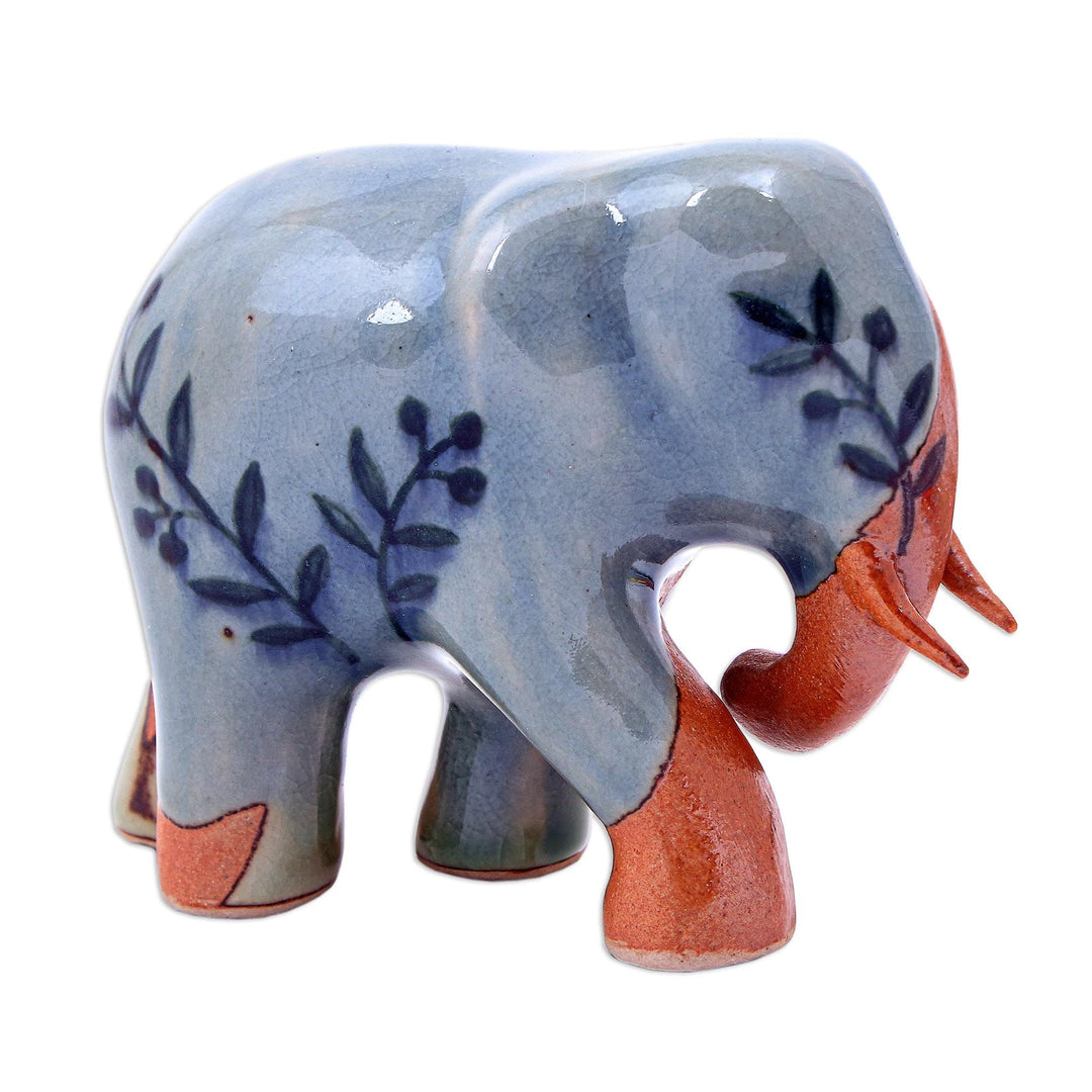 Hand Crafted Celadon Ceramic Elephant Sculpture - Jungle Leaves