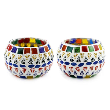 Colorful Glass Mosaic Tealight Holders (Pair) - Vibrant Leaves