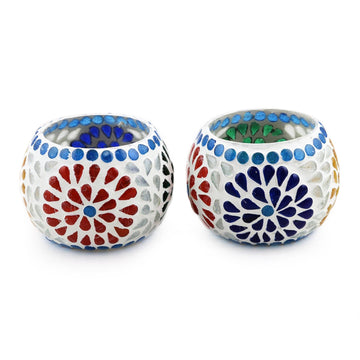 Hand Crafted Glass Mosaic Tealight Holders (Pair) - Ambient Flowers