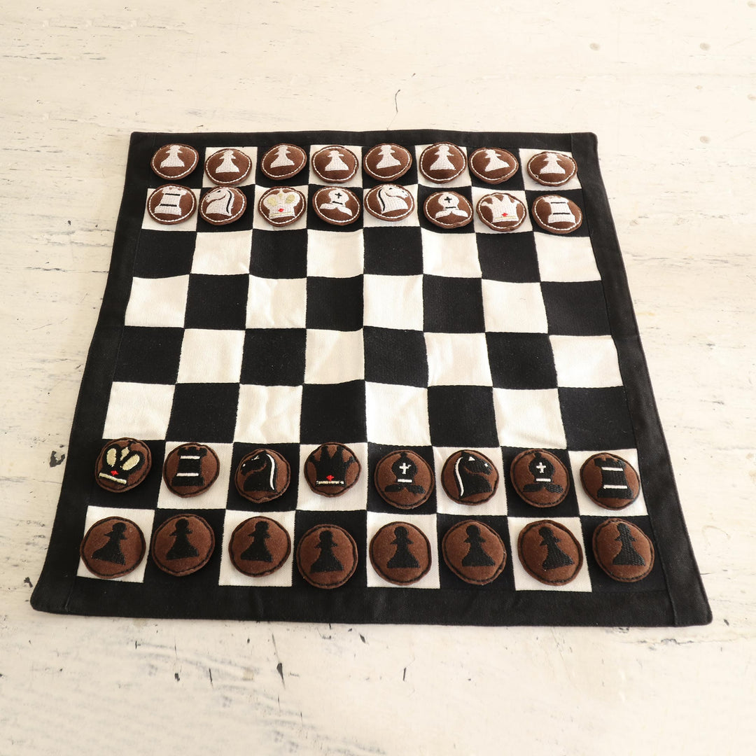 Hand Embroidered Cotton and Suede Chess Set - Compact Companion