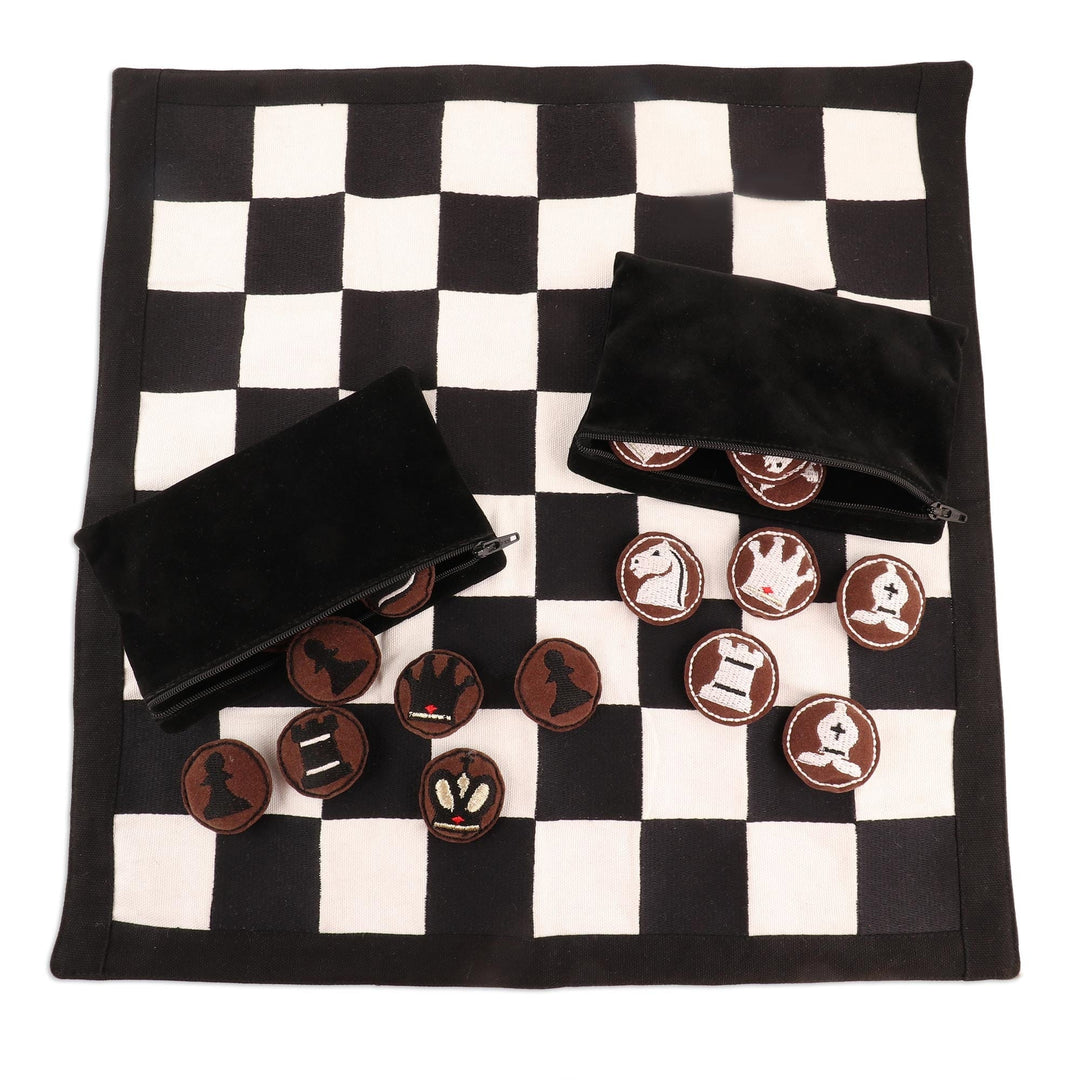 Hand Embroidered Cotton and Suede Chess Set - Compact Companion